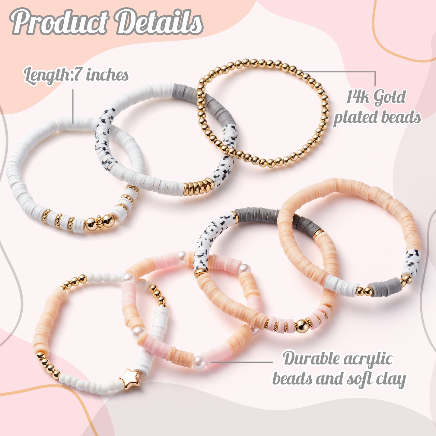 Y1tvei 7Pcs Pink Surfer Heishi Clay Bead Bracelet Set Boho Stackable Gray White Polymer Clay Beaded Layering Stretch Bracelet Gold Plated Bead Jewelry Summer Beach Friendship Bracelet for Women Girls