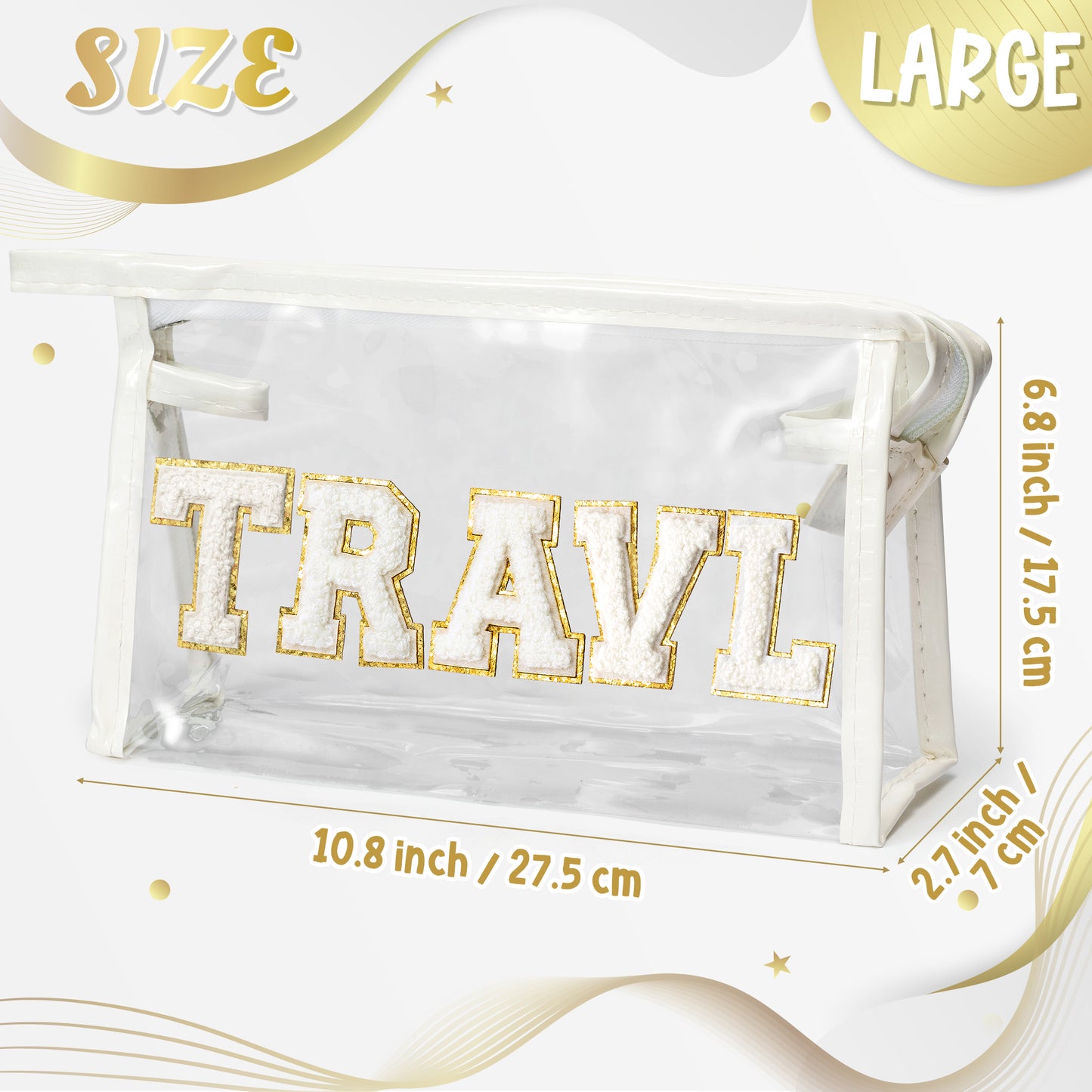 Y1tvei TRAVEL Clear Makeup Bag - Preppy Patch White Chenille Varsity Letter Transparent PVC Large Travel Cosmetic Pouch Portable Waterproof Organizer Toiletry Compliant Beach Bag for Women(White)