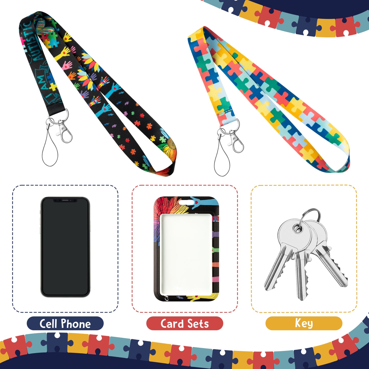 ANGOLIO 2Set Autism Awareness Lanyard with ID Card Badge Holder Autism Puzzle Piece Sunflower Puzzle Lanyards Key Chain with Vertical Id Holder for Doctor Nurse Work Office