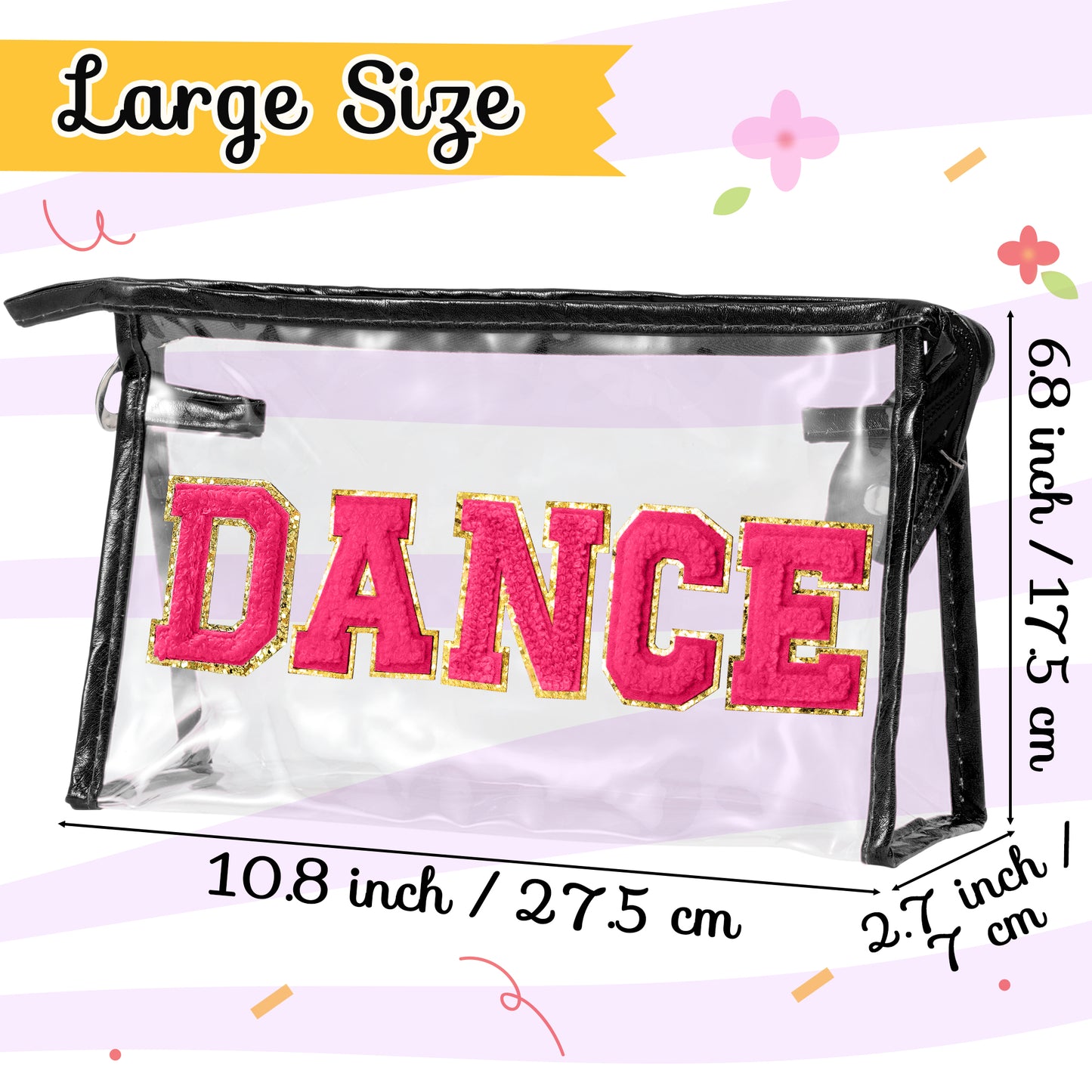 Y1tvei DANCE Clear Makeup Bag - Preppy Hot Pink Dance Chenille Patch Cosmetic Pouch Dancer Recital Survival Kit Extra Large PVC Transparent Toiletry Bag Waterproof Travel Organizer for Women(Black)