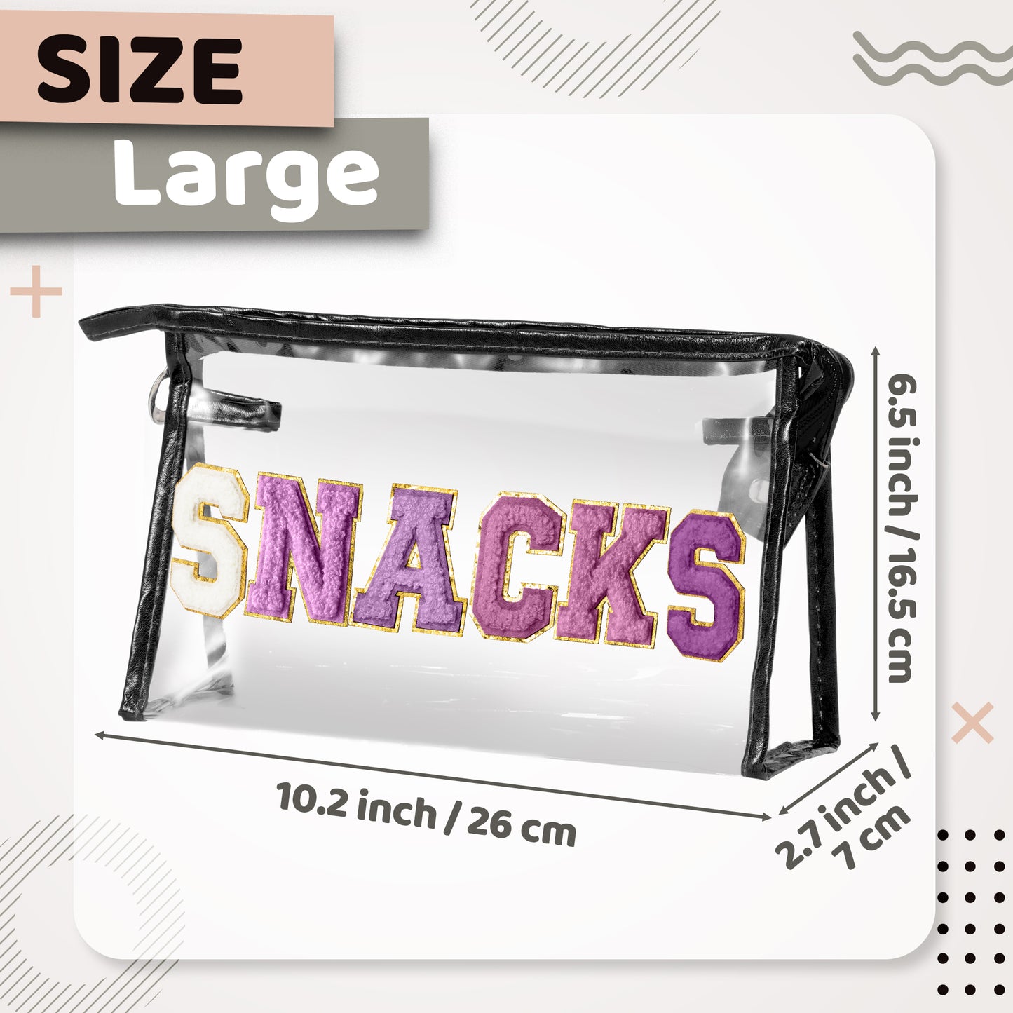 Y1tvei SNACKS Clear Makeup Bag - Preppy Patch Purple Chenille Varsity Letter Transparent PVC Large Cosmetic Pouch Portable Waterproof Travel Organizer Toiletry Compliant Bag for Women Girl(Black)