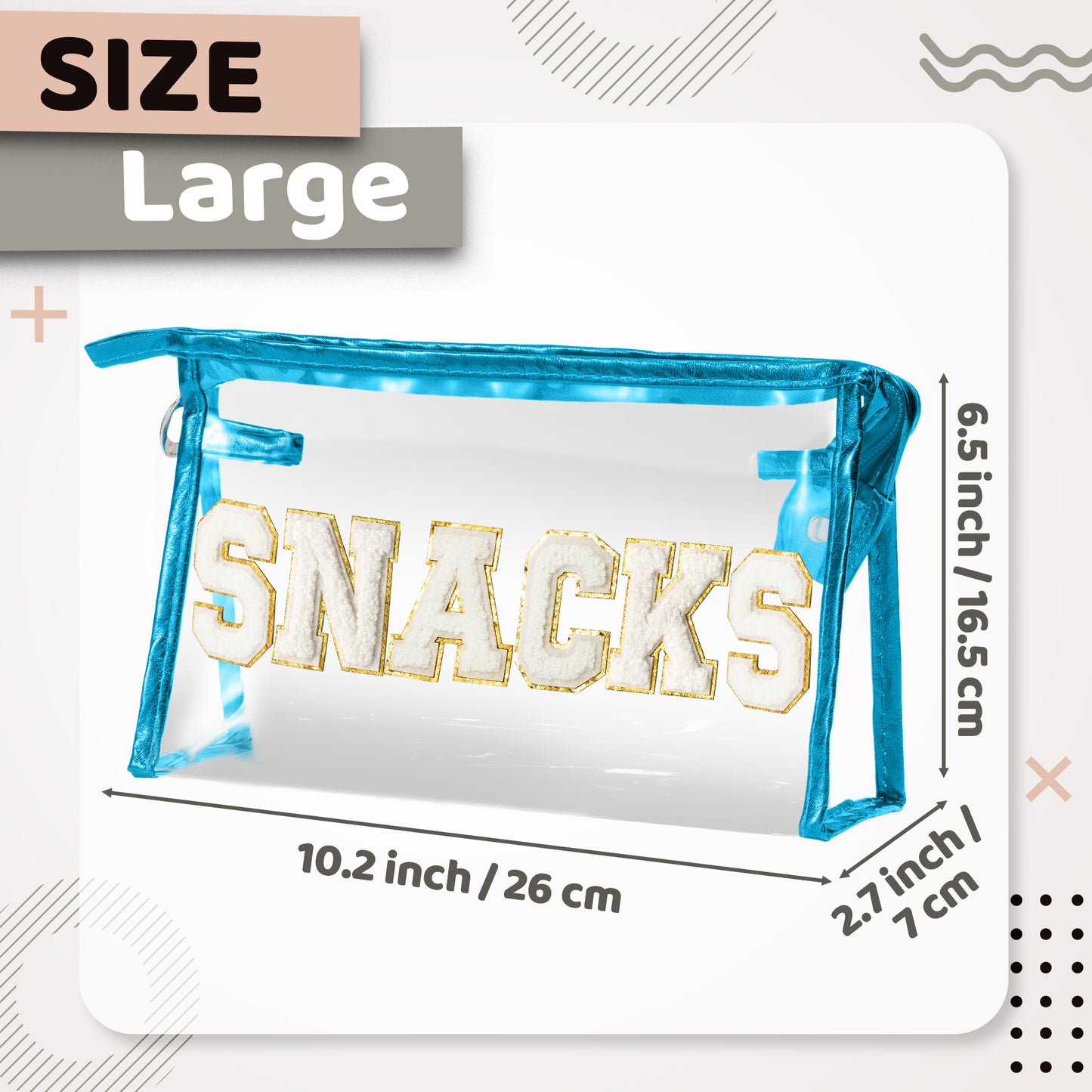 Y1tvei Large Clear SNACKS Pouch - Preppy Patch White Chenille Varsity Letter PVC Transparent Extra Large Cosmetic Makeup Bag Portable Waterproof Beach Travel Organizer Toiletry Bag for Women(Blue)