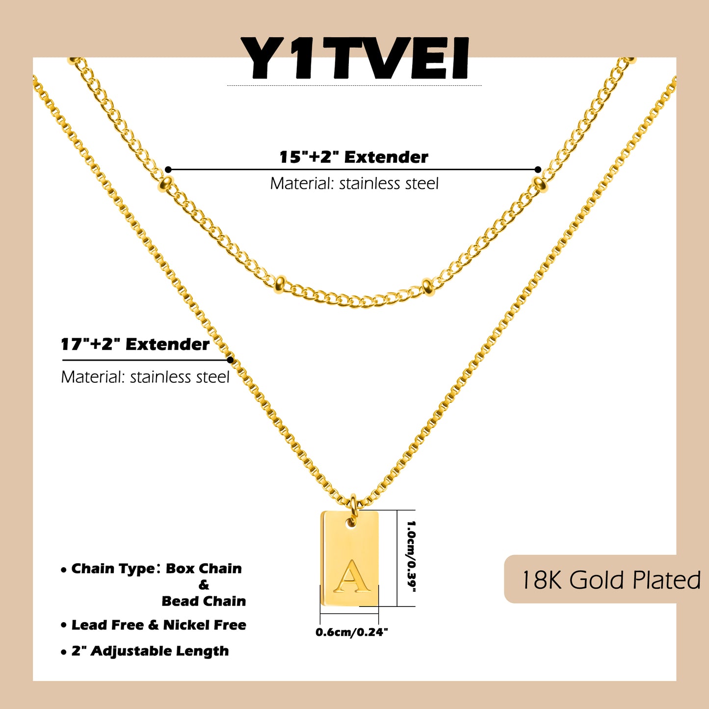 Y1tvei 2Pcs Layering Initial Necklaces Tiny Gold Plated Stainless Steel Letter J Dainty Alphabet Pendant Bead Chains Adjustable Trendy Name Engraved Chokers Personalized Jewelry Gift for Women Girl