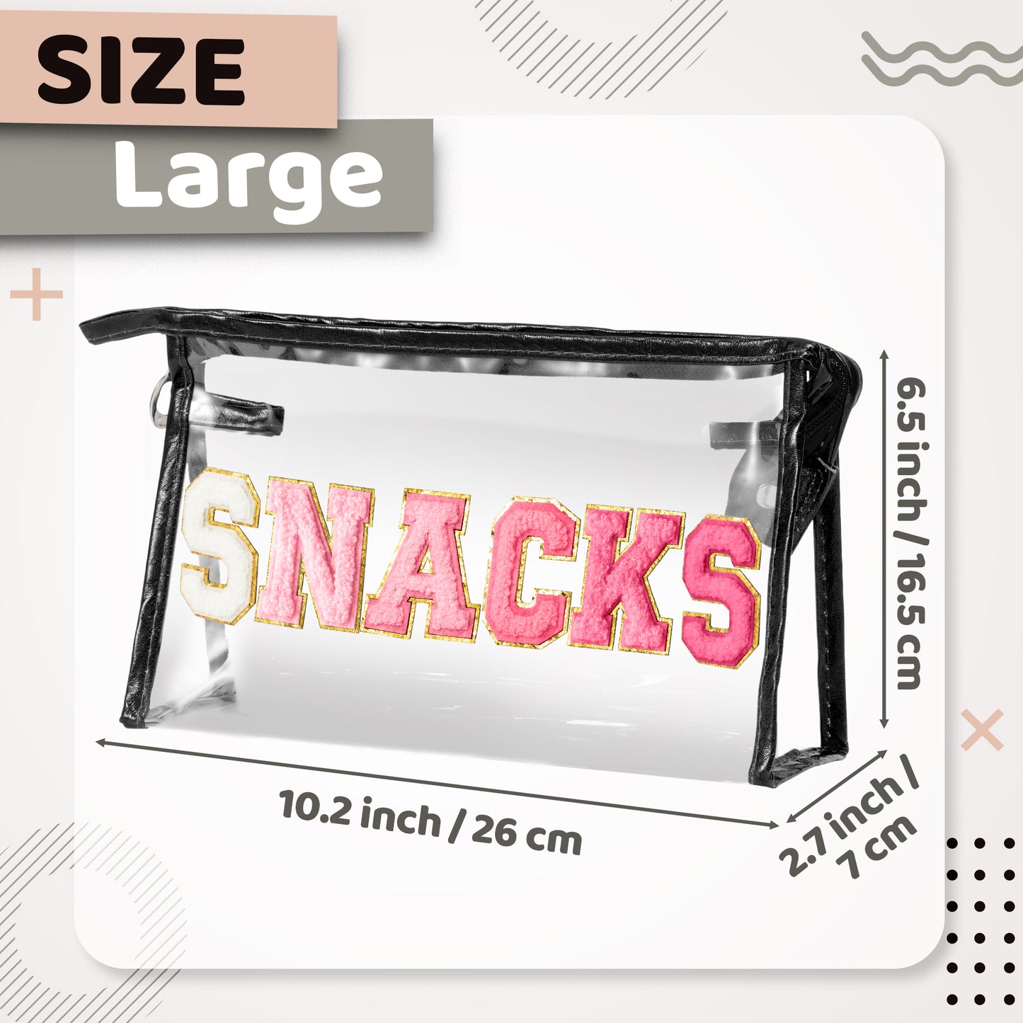 Y1tvei Large Clear SNACKS Pouch - Preppy Patch Rose Red Chenille Varsity Letter PVC Transparent Extra Large Cosmetic Makeup Bag Portable Waterproof Travel Organizer Toiletry Bag for Women(Black)