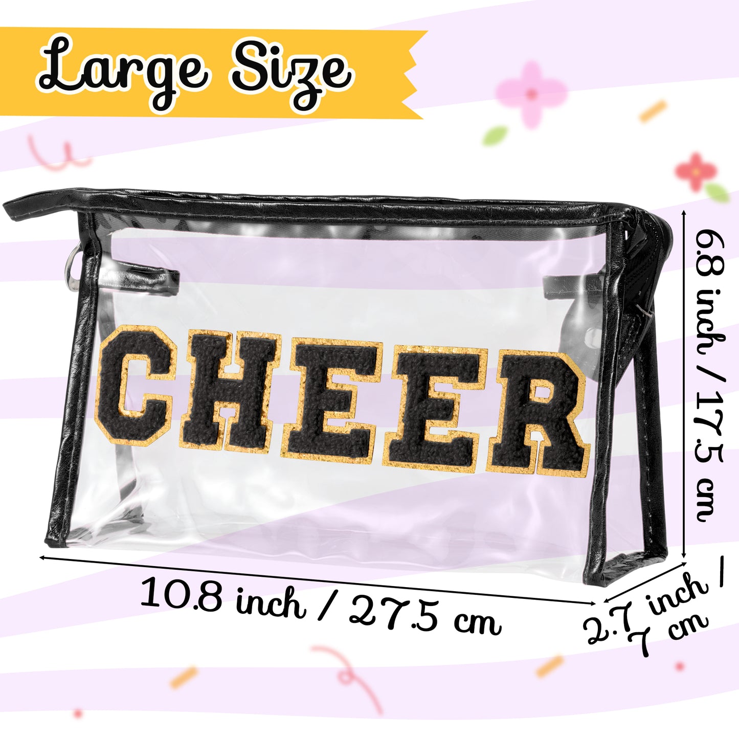 Y1tvei CHEER Clear Makeup Bag - Preppy Black Cheer Chenille Patch Cosmetic Pouch Extra Large PVC Transparent Toiletry Carry Bag Portable Waterproof Travel Organizer Cheer Gift for Cheerleader(Black)