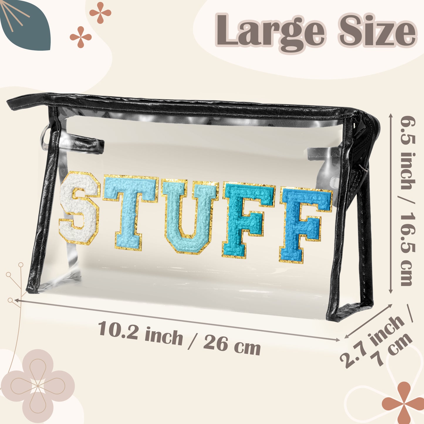 Y1tvei Clear STUFF Makeup Bag - Preppy Patch Blue Chenille Varsity Letter PVC Transparent Extra Large Cosmetic Pouch Portable Waterproof Travel Organizer Toiletry Compliant Bag for Women(Black)