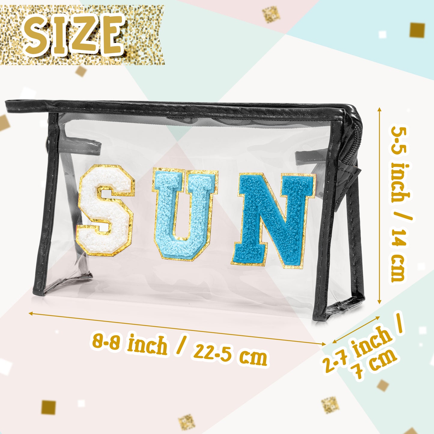 Y1tvei Clear SUN Makeup Bag - Preppy Blue SUN Chenille Varsity Letter Cosmetic Bag PVC Transparent Zipper Waterproof Beach Makeup Carry Pouch Portable Travel Toiletry Organizer for Women(Black)