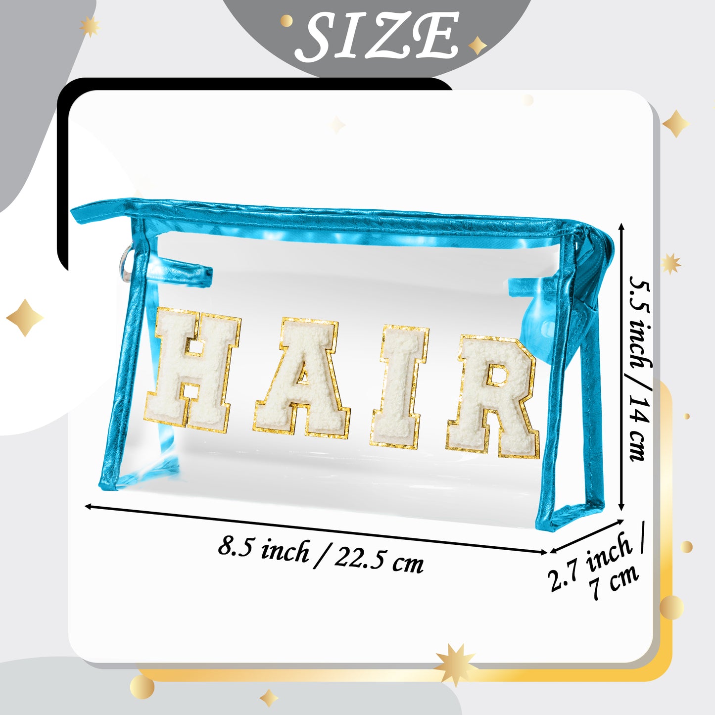 Y1tvei Clear HAIR Makeup Bag - Preppy Patch White Chenille Varsity Letter Cosmetic Bag Transparent PVC Zipper Waterproof Portable Beach Travel Storage Pouch Toiletry Organizer for Women(Blue)