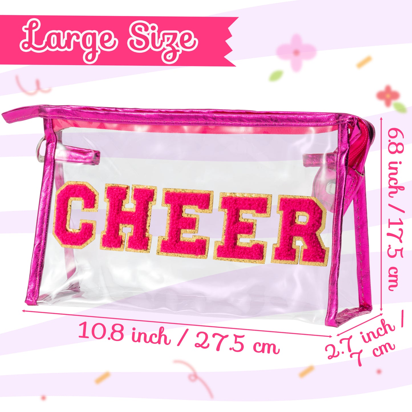 Y1tvei CHEER Clear Makeup Bag - Preppy Hot Pink Cheer Chenille Patch Cosmetic Pouch Extra Large PVC Transparent Toiletry Bag Portable Waterproof Travel Organizer Cheer Gift for Cheerleader(Rose Red)