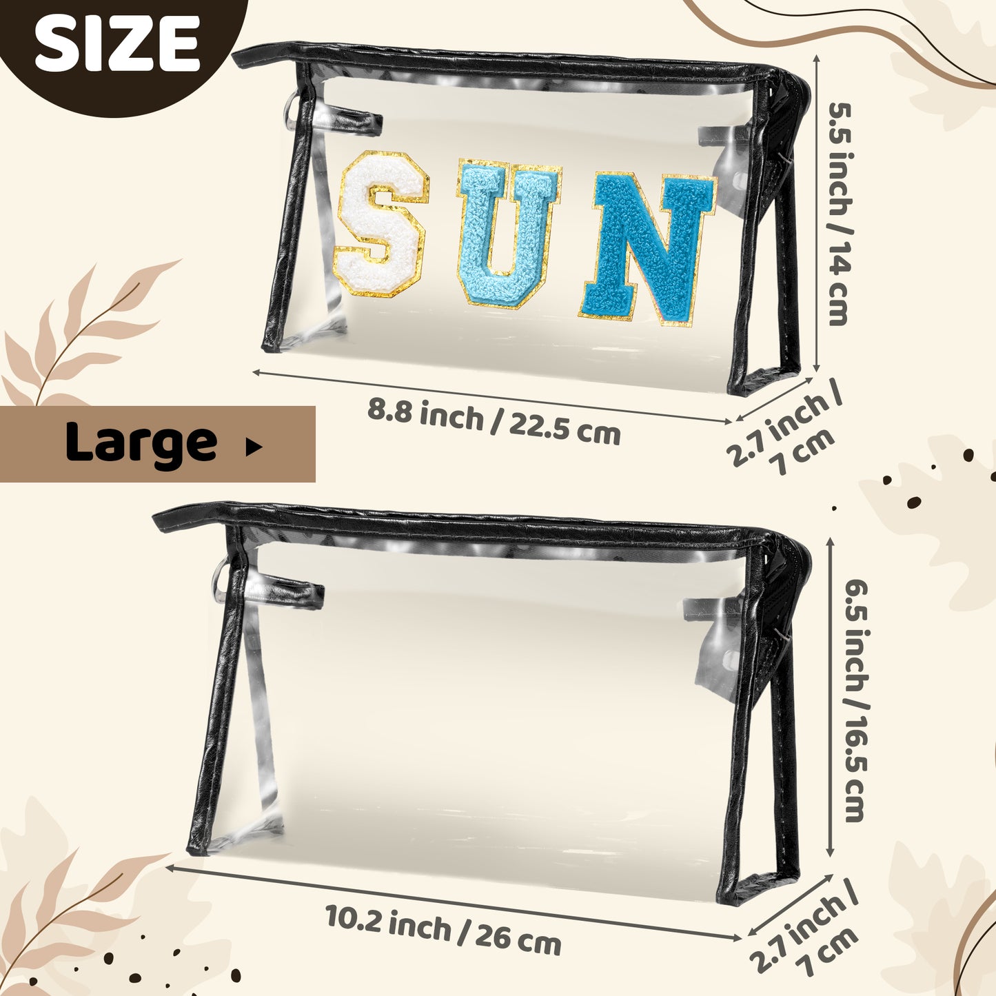 Y1tvei Clear SUN Makeup Bag - 2Pcs Preppy Blue SUN Chenille Varsity Letter Cosmetic Bag Black Large PVC Transparent Toiletry Organizer Zipper Waterproof Beach Travel Makeup Pouch for Women(Black)