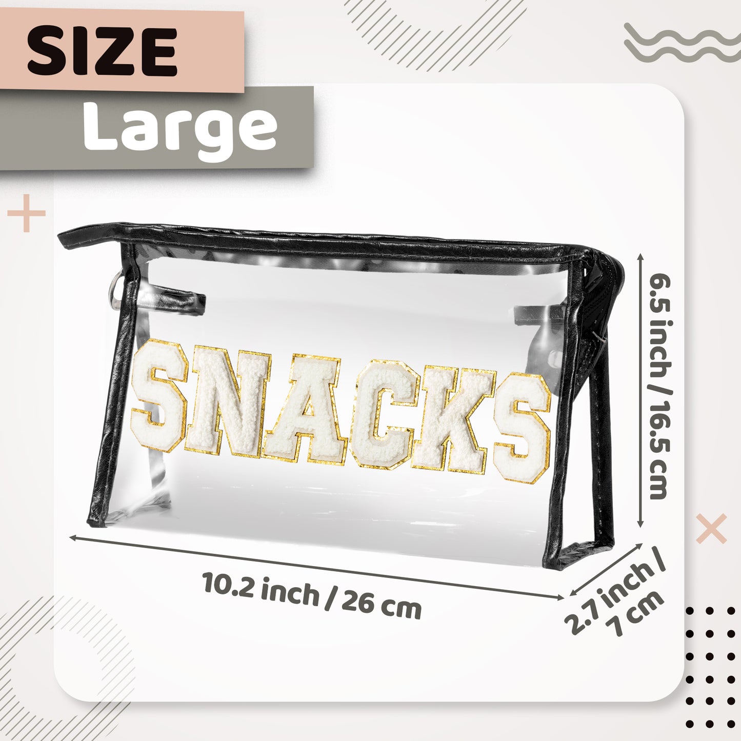 Y1tvei Large Clear SNACKS Pouch - Preppy Patch White Chenille Varsity Letter PVC Transparent Extra Large Cosmetic Makeup Bag Portable Waterproof Beach Travel Organizer Toiletry Bag for Women(Black)