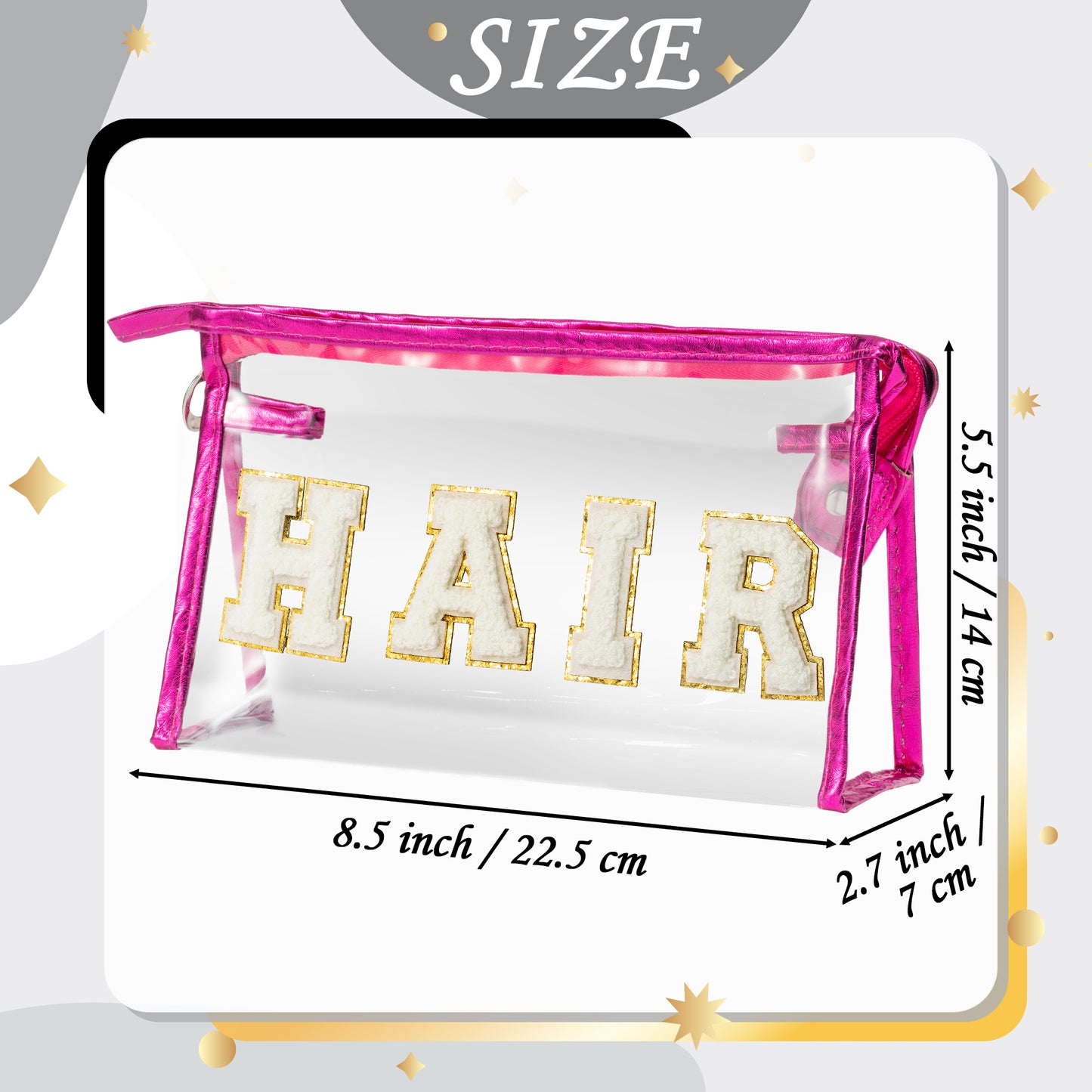 Y1tvei Clear HAIR Makeup Bag - Preppy Patch White Chenille Varsity Letter Cosmetic Bag Transparent PVC Zipper Waterproof Portable Beach Travel Storage Pouch Toiletry Organizer for Women(Rose Red)