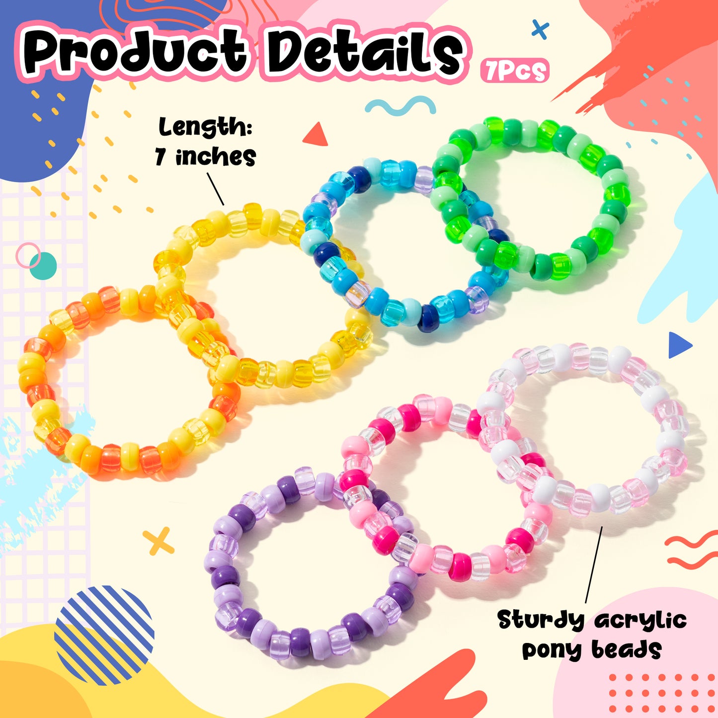 Y1tvei Rainbow Pony Bead Bracelet - 7Pcs Colorful Rainbow Kandi Pony Bead Bracelet Dainty Stackable Stretch Rave Candy Bead Bracelets Layering Summer Beach Jewelry Friendship Bracelet for Women Kid