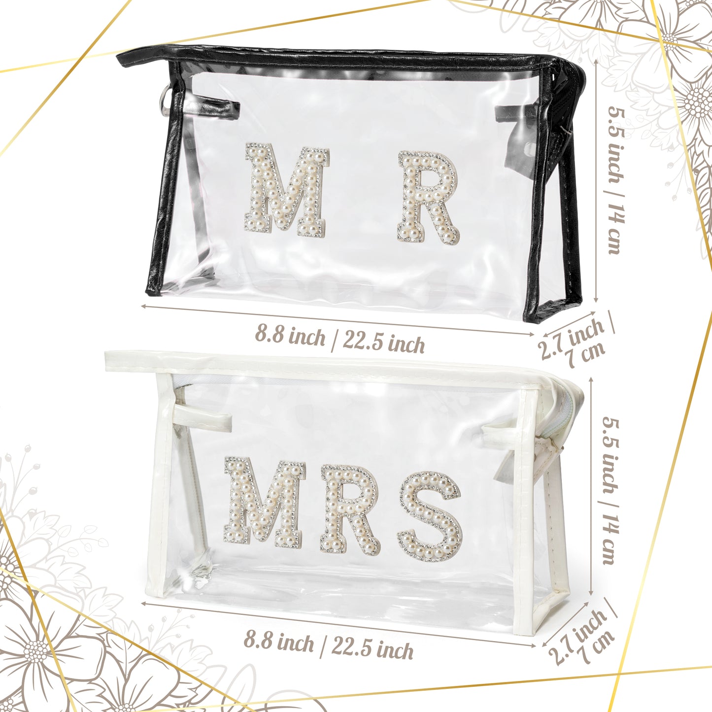 Y1tvei Clear Mrs Makeup Bag - 2Pcs Black White Mr and Mrs Cosmetic Bag Bling Varsity Pearl Rhinestone Patches Letter Makeup Pouch PVC Portable Honeymoon Travel Toiletry Wedding Gift for Bride Couples