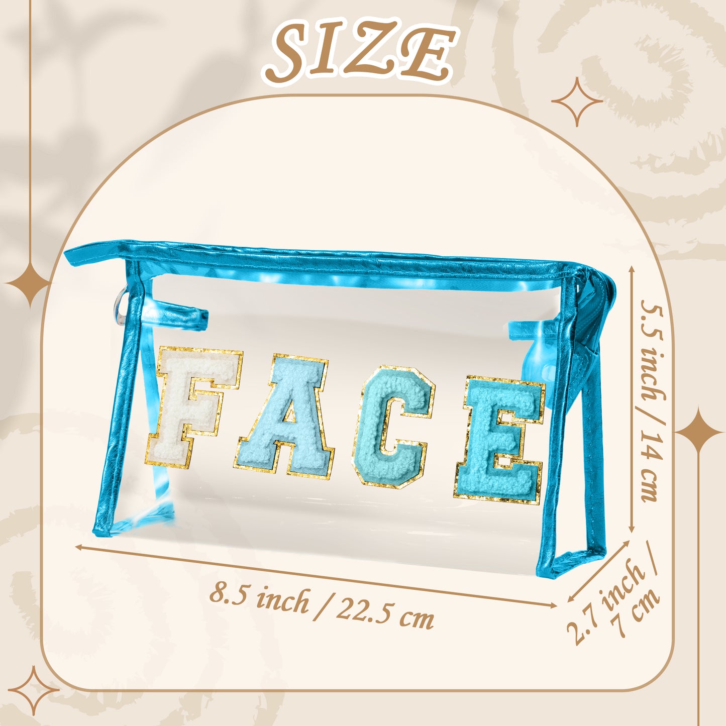 Y1tvei Clear FACE Makeup Bag - Preppy Blue FACE Chenille Varsity Letter Cosmetic Bag PVC Transparent Zipper Waterproof Beach Swim Makeup Carry Pouch Portable Travel Toiletry Organizer for Women(Blue)