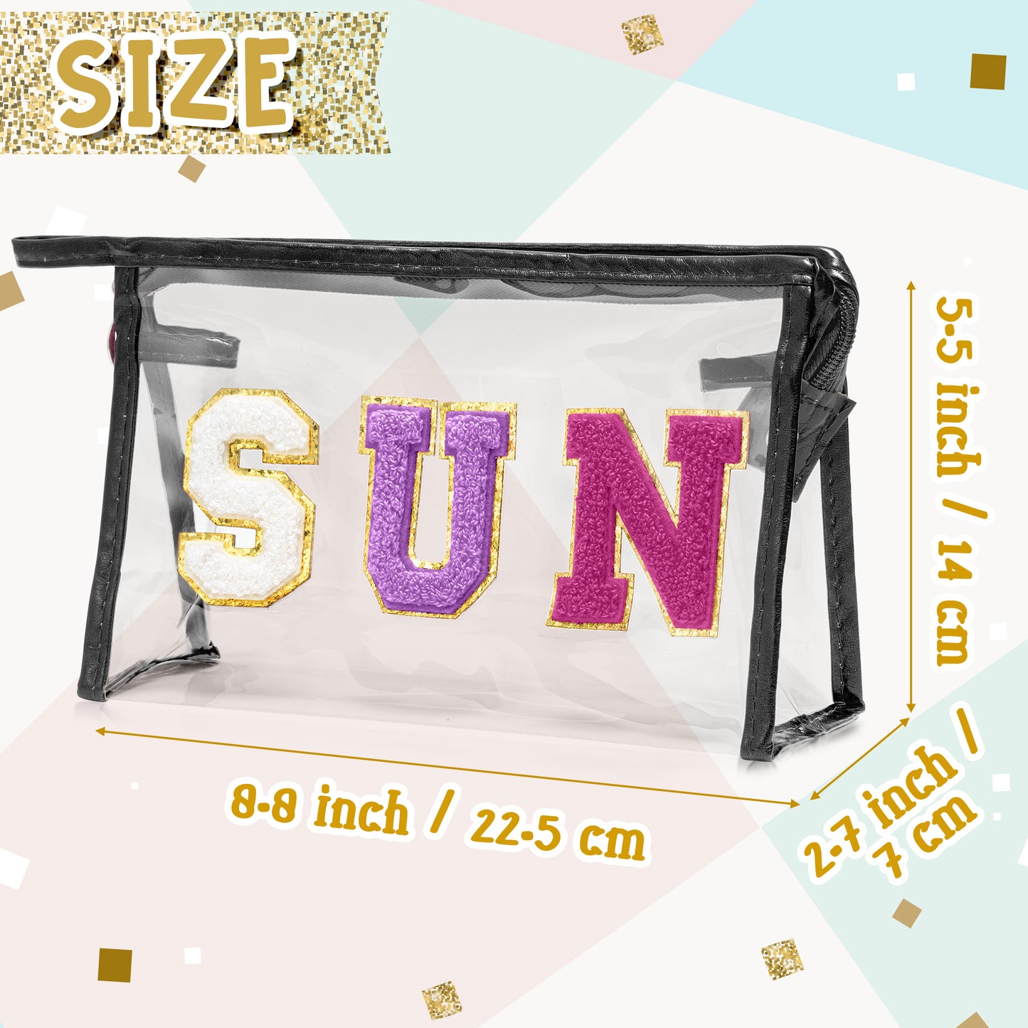 Y1tvei Clear SUN Makeup Bag - Preppy Purple SUN Chenille Varsity Letter Cosmetic Bag PVC Transparent Zipper Waterproof Beach Makeup Carry Pouch Portable Travel Toiletry Organizer for Women(Black)