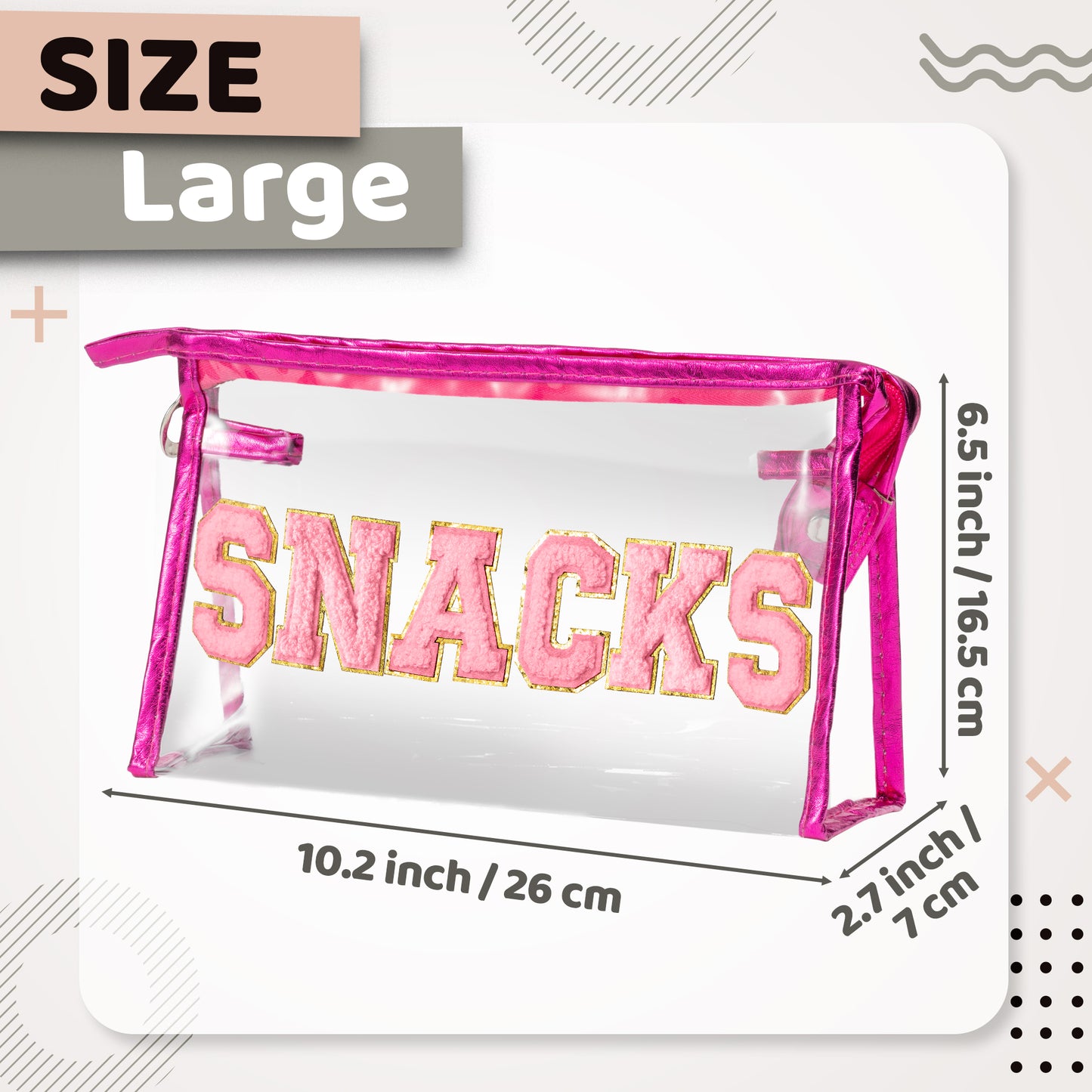 Y1tvei Large Clear SNACKS Pouch - Preppy Patch Pink Chenille Varsity Letter PVC Transparent Extra Large Cosmetic Makeup Bag Portable Waterproof Beach Travel Organizer Toiletry Bag for Women(Rose Red)