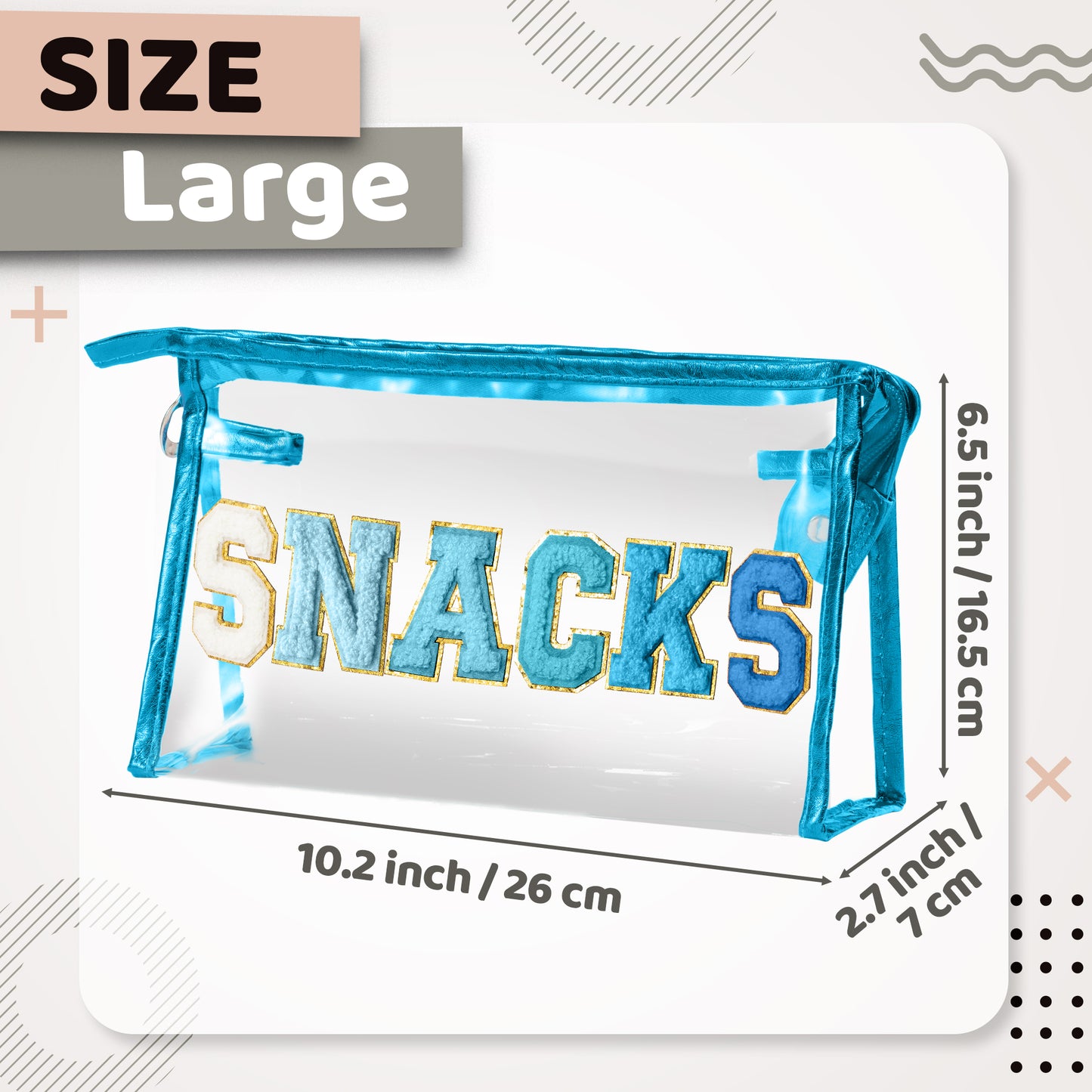 Y1tvei SNACKS Clear Makeup Bag - Preppy Patch Blue Chenille Varsity Letter Transparent PVC Large Cosmetic Pouch Portable Waterproof Beach Travel Organizer Toiletry Compliant Bag for Women Girl(Blue)