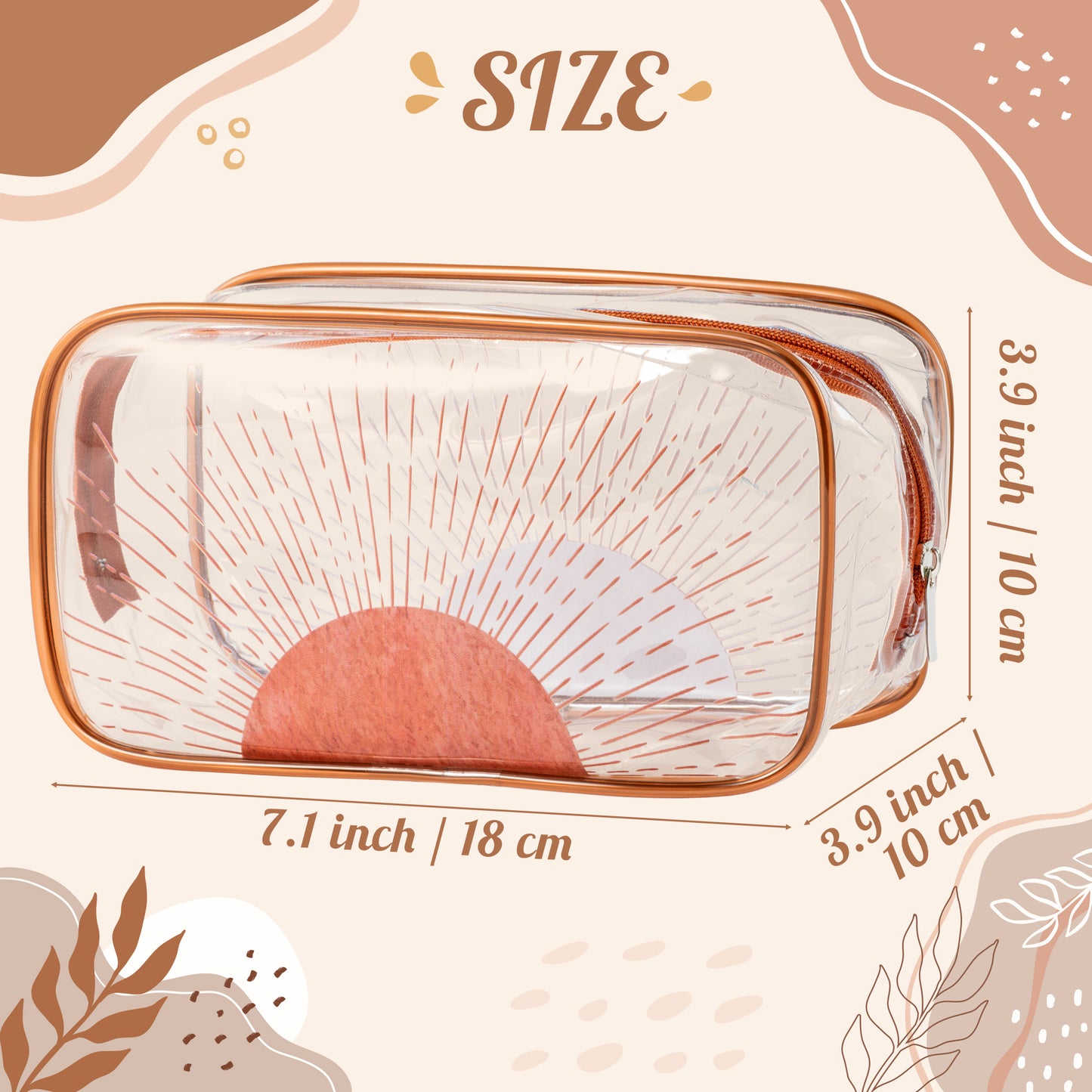 Y1tvei Boho Sun Makeup Bag - 2Pcs Brown Boho Sunshine Ray Transparent Print Clear Cosmetic Toiletry Bag Small Plastic Waterproof Portable Carry Pouch Summer Beach Travel Organizer for Women Girls