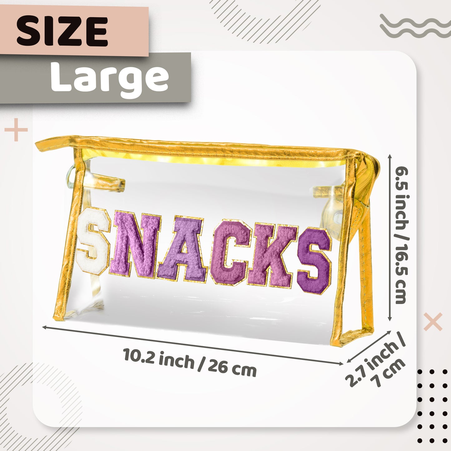 Y1tvei SNACKS Clear Makeup Bag - Preppy Patch Purple Chenille Varsity Letter Transparent PVC Large Cosmetic Pouch Portable Waterproof Travel Organizer Toiletry Compliant Bag for Women Girl(Gold)