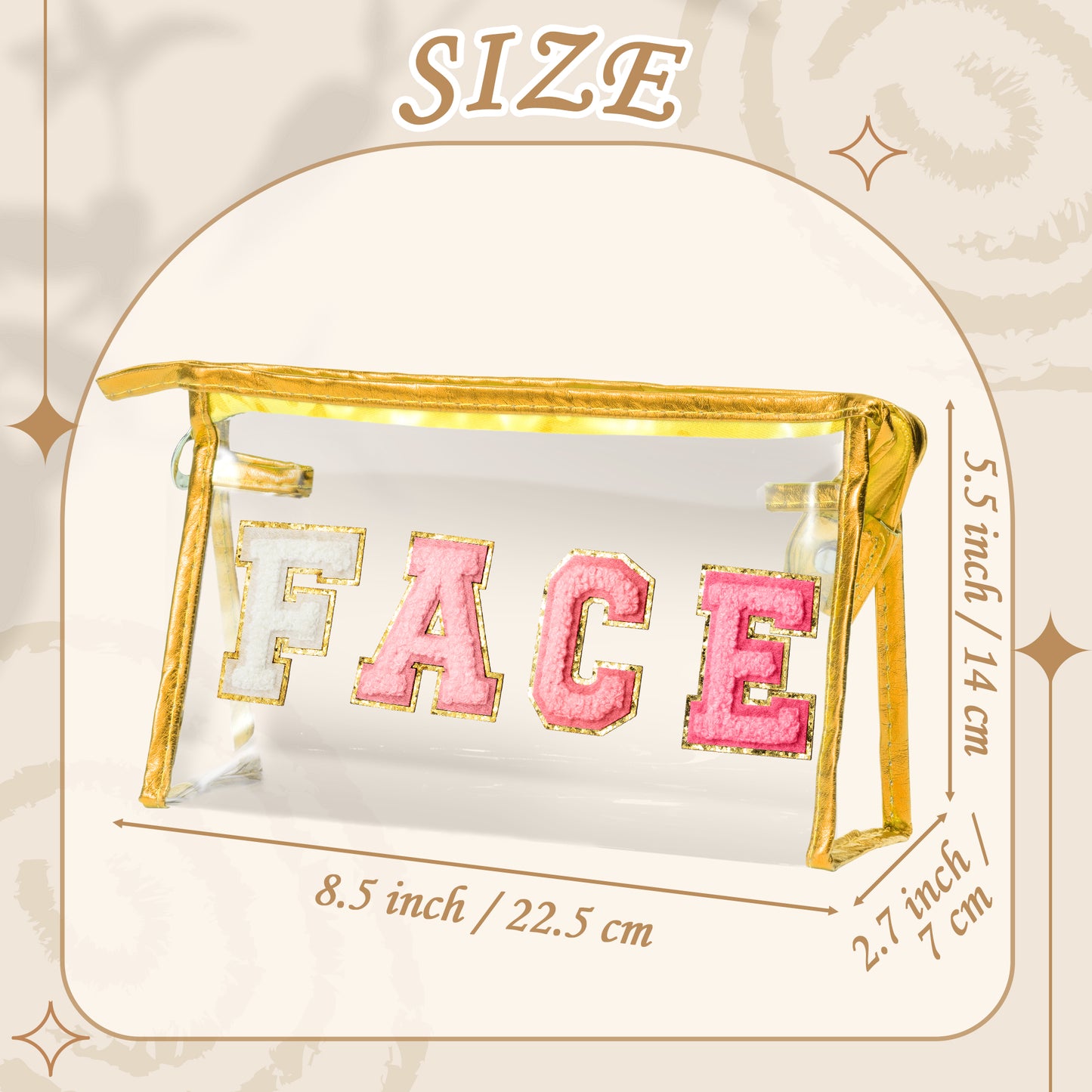 Y1tvei Clear FACE Makeup Bag - Preppy Rose Red FACE Chenille Varsity Letter Cosmetic Bag PVC Transparent Zipper Waterproof Beach Makeup Carry Pouch Portable Travel Toiletry Organizer for Women(Gold)