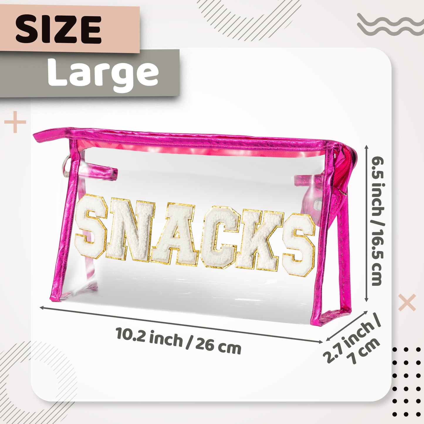 Y1tvei Large Clear SNACKS Pouch - Preppy Patch White Chenille Varsity Letter PVC Transparent Extra Large Cosmetic Makeup Bag Portable Waterproof Beach Travel Organizer Toiletry Bag for Women(Rose Red)