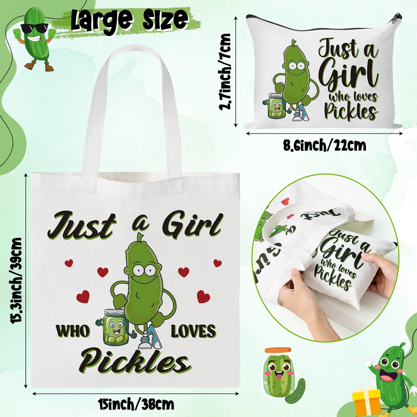 Y1tvei Pickle Canvas Tote Bag - 2Pcs Funny Pickle Makeup Bag Set, Cucumber Just A Girl Who Loves Pickles Canvas Cosmetic Pouch Tote Bag, Reusable Grocery Shopping Bag, Gifts for Pickle Lovers Women