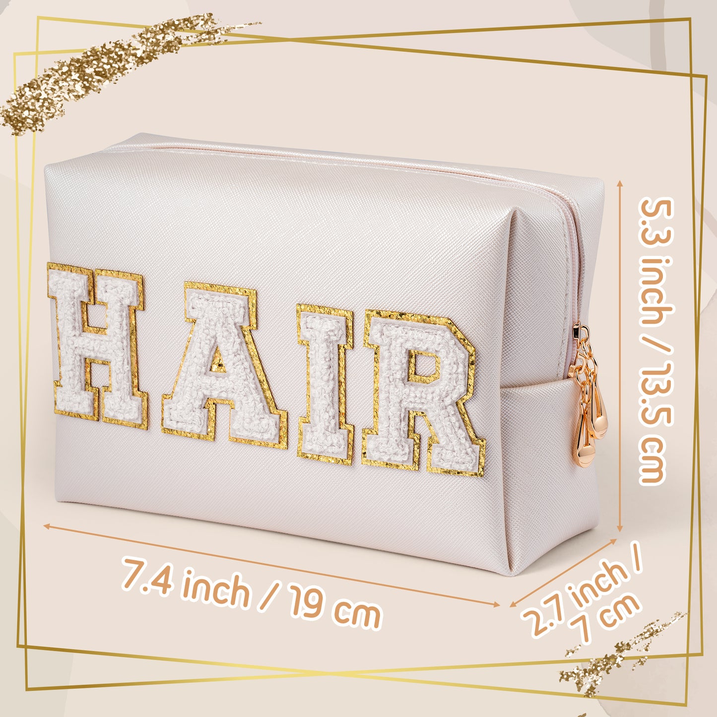 Y1tvei Preppy Patch HAIR White Chenille Letter Cosmetic Bag PU Leather Waterproof Makeup Toiletry Bag Sewn with Varsity Letter Portable Zipper Pouch Travel Organizer for Women Girls Teen(Shell Gold)