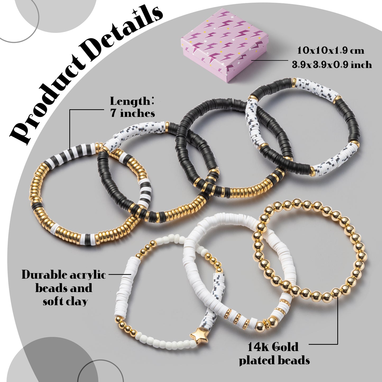 Y1tvei 7Pcs Black White Surfer Heishi Clay Bead Bracelet Set Boho Stackable Polymer Clay Beaded Layering Stretch Bracelet Gold Plated Bead Jewelry Summer Beach Friendship Bracelet for Women Girls