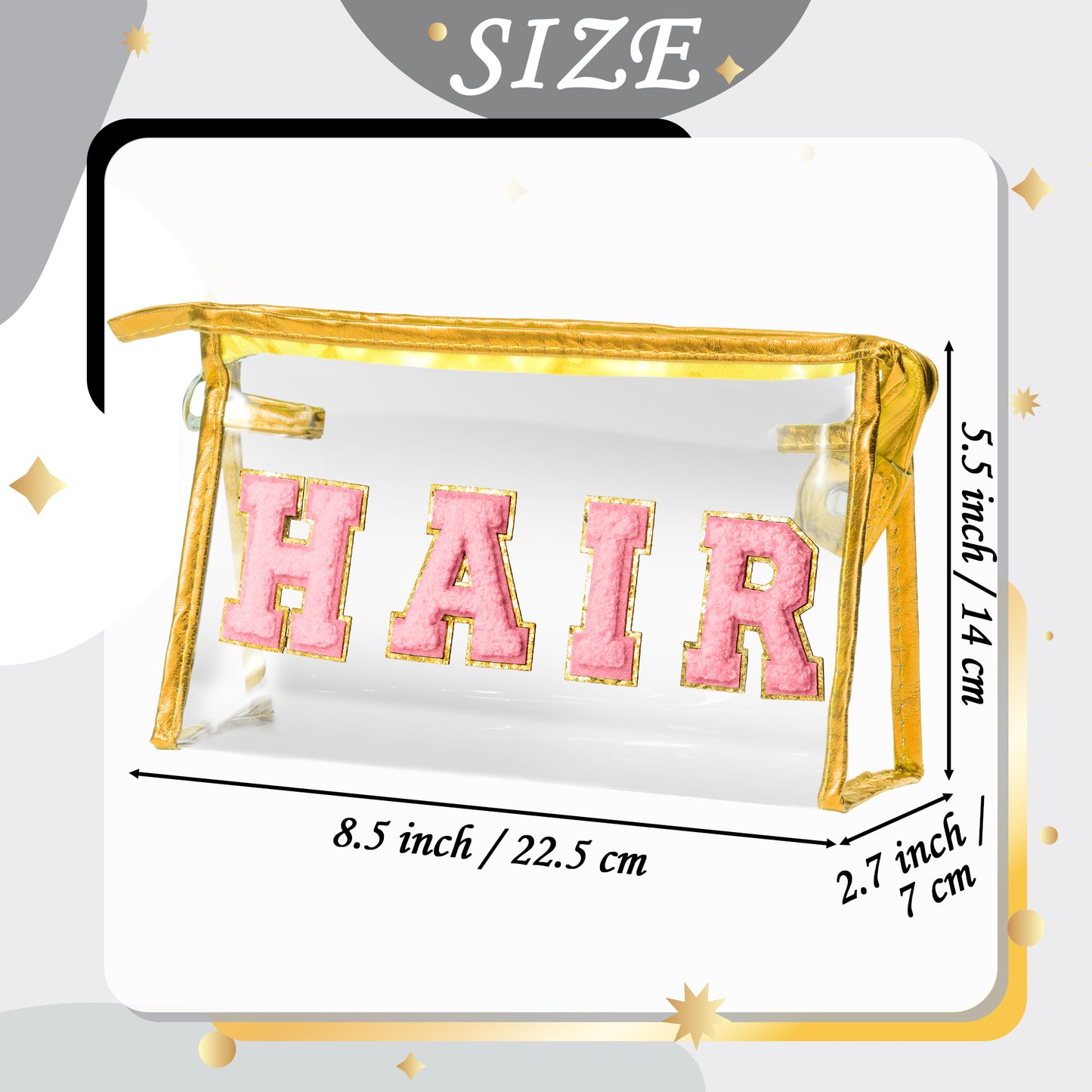 Y1tvei Clear HAIR Makeup Bag - Preppy Patch Pink Chenille Varsity Letter Cosmetic Bag Transparent PVC Zipper Waterproof Portable Beach Travel Storage Pouch Toiletry Organizer for Women(Gold)