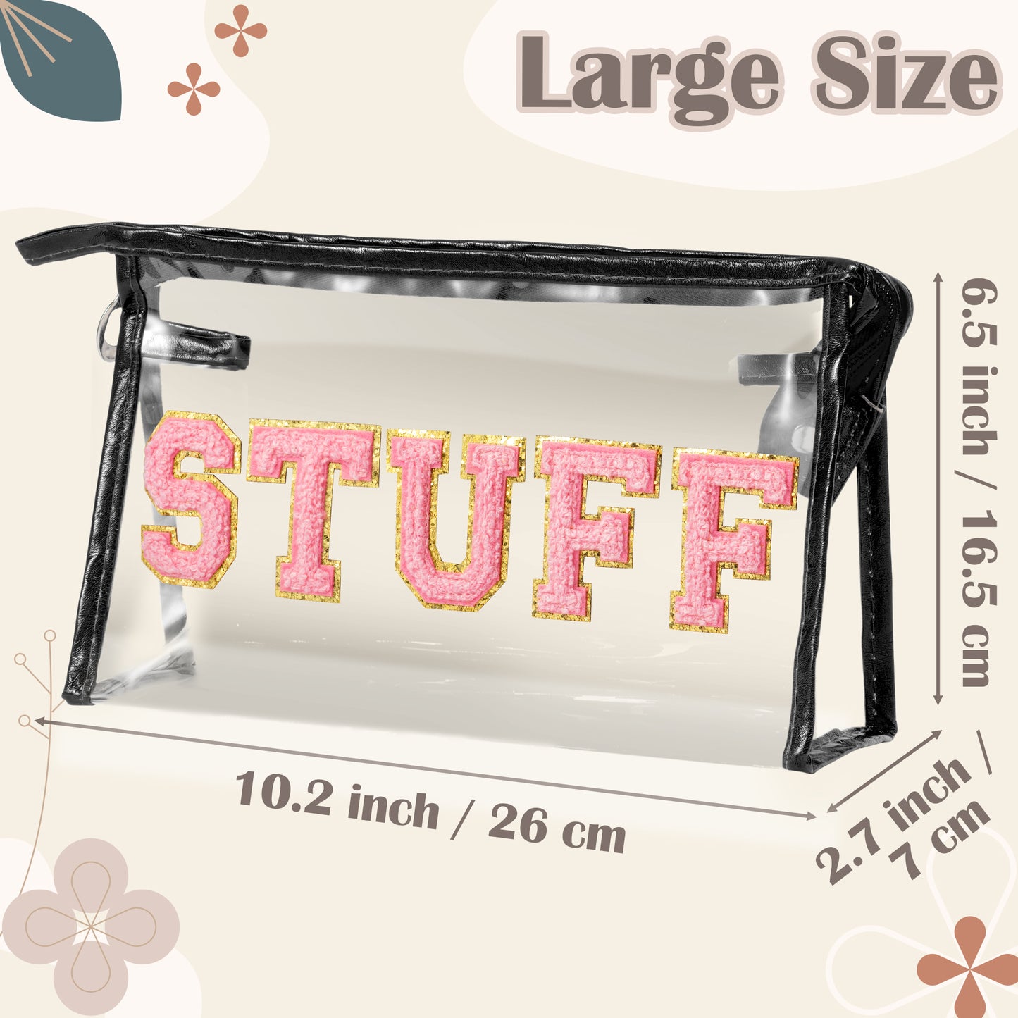 Y1tvei Clear STUFF Makeup Bag - Preppy Patch Pink Chenille Varsity Letter PVC Transparent Extra Large Cosmetic Pouch Portable Waterproof Travel Organizer Toiletry Compliant Bag for Women(Black)