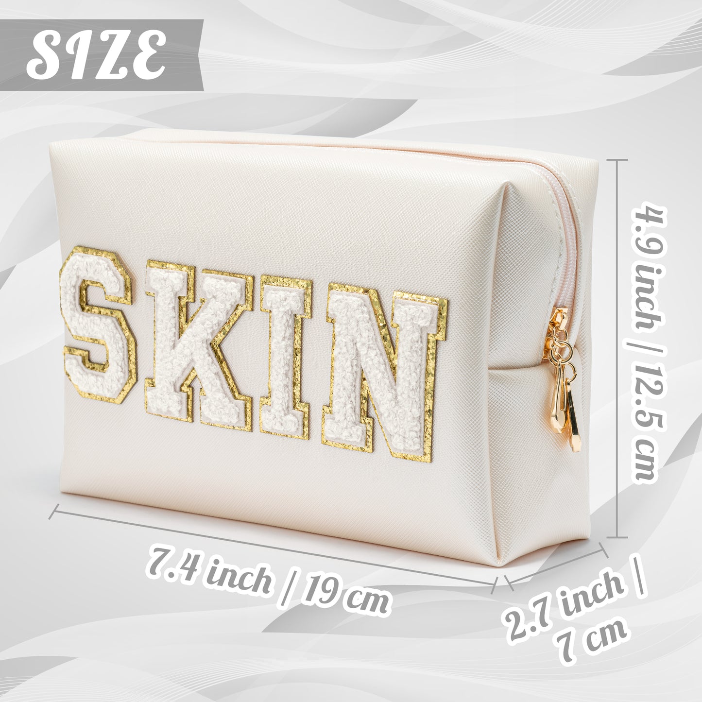 Y1tvei Preppy Patch SKIN White Chenille Letter Cosmetic Bag PU Leather Portable Waterproof Makeup Toiletry Bag Zipper Pouch Travel Storager Organizer Compliant Bag for Women Teens Girls(Shell Gold)