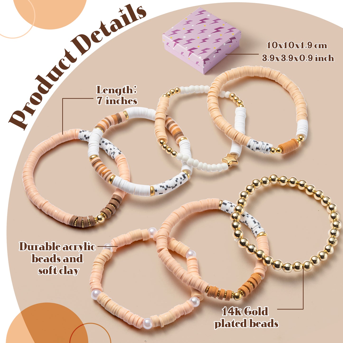 Y1tvei 7Pcs Brown Surfer Heishi Clay Bead Bracelet Set Boho Stackable Pink Polymer Clay Beaded Layering Stretch Charm Bracelet Gold Plated Bead Jewelry Summer Beach Friendship Bracelet for Women Girls