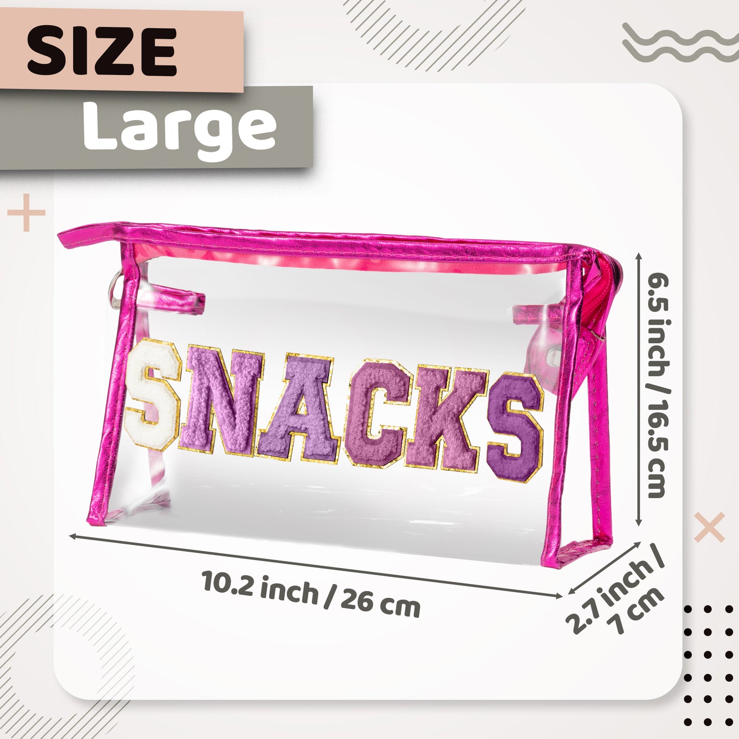 Y1tvei SNACKS Clear Makeup Bag - Preppy Patch Purple Chenille Varsity Letter Transparent PVC Large Cosmetic Pouch Portable Waterproof Travel Organizer Toiletry Compliant Bag for Women Girl(Rose Red)