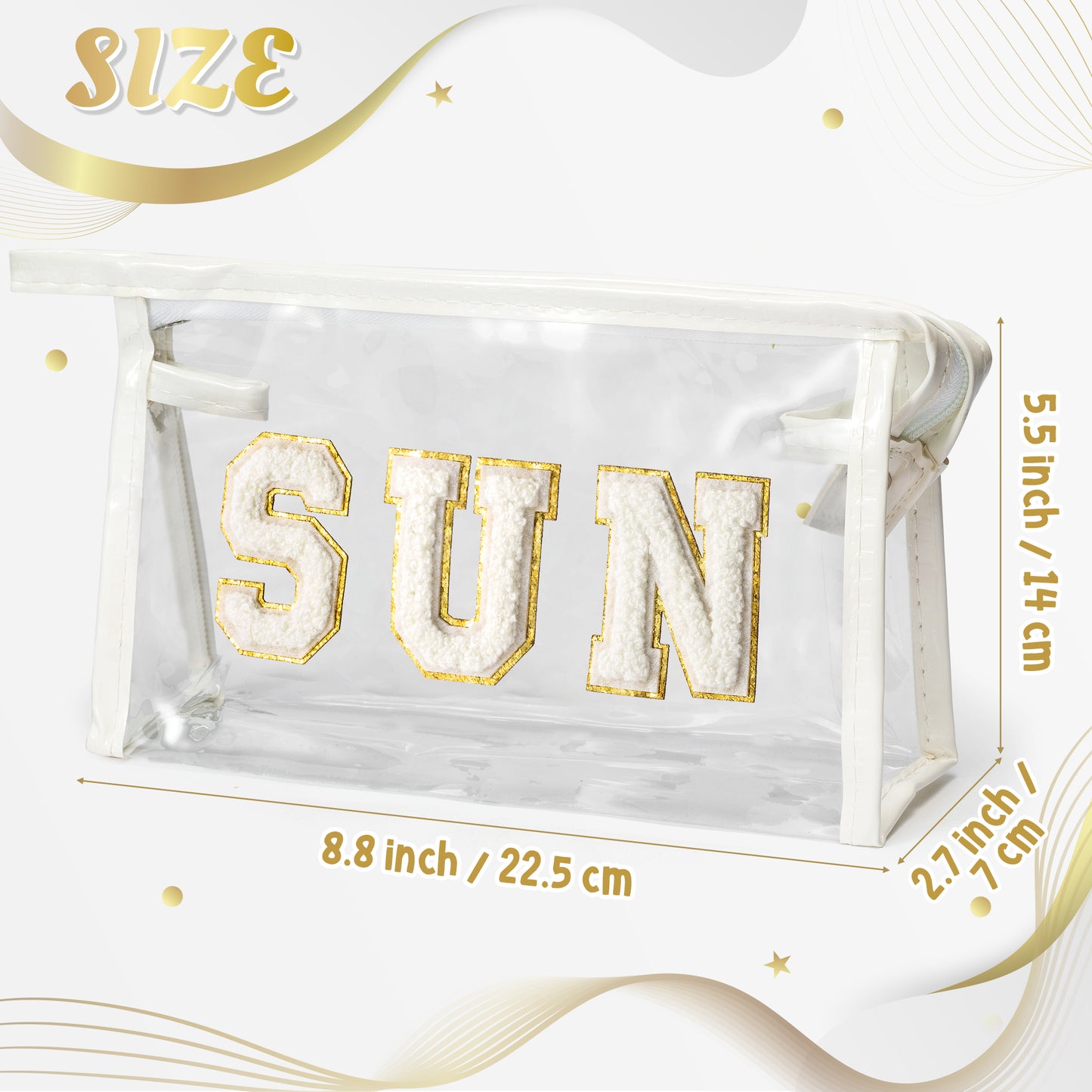 Y1tvei SUN Clear Cosmetic Bag - Preppy Patch White Chenille Varsity Letter Transparent PVC Makeup Pouch Portable Waterproof Travel Organizer Toiletry Compliant Carry On Beach Bag for Women(White)