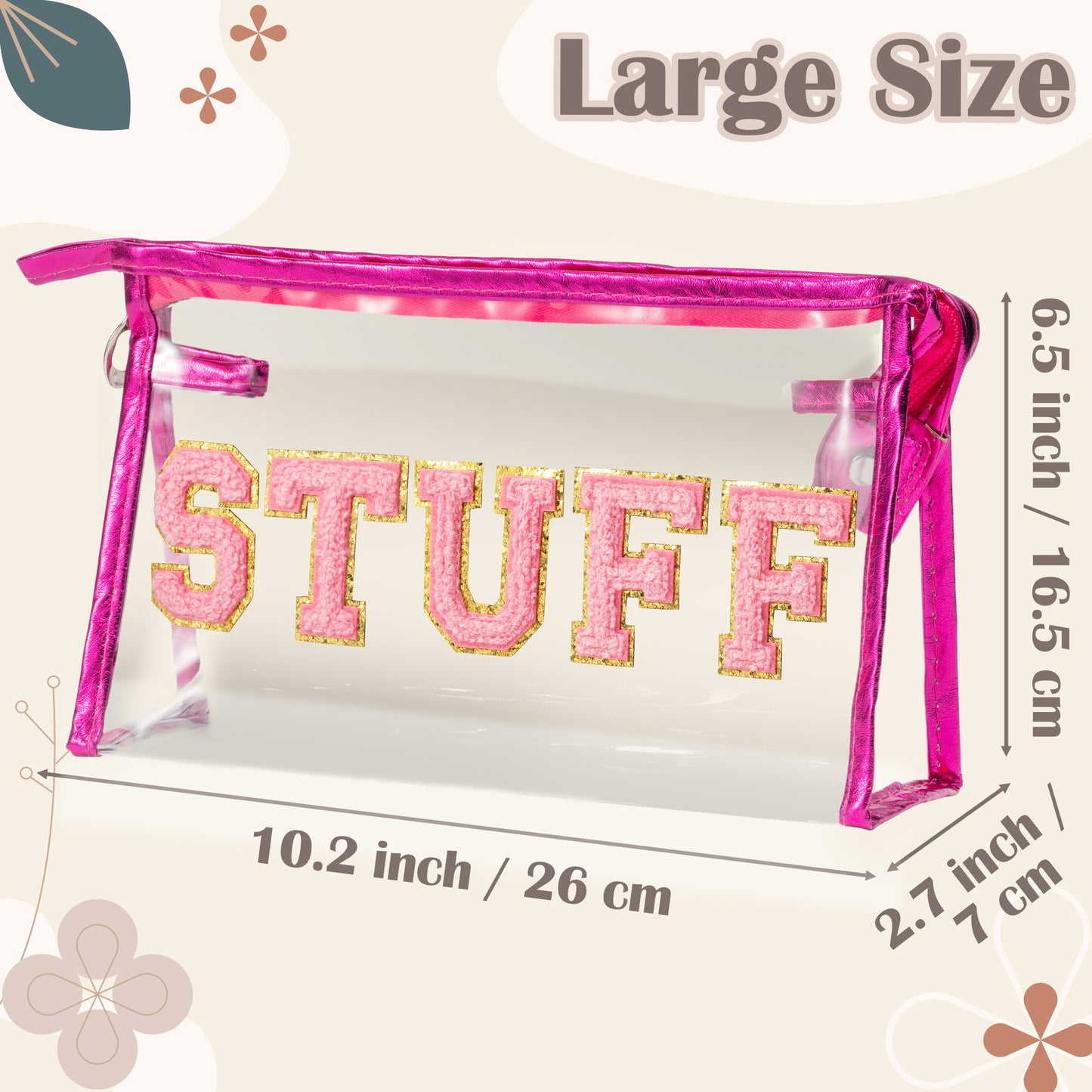 Y1tvei Clear STUFF Makeup Bag - Preppy Patch Pink Chenille Varsity Letter PVC Transparent Extra Large Cosmetic Pouch Portable Waterproof Travel Organizer Toiletry Compliant Bag for Women(Rose Red)