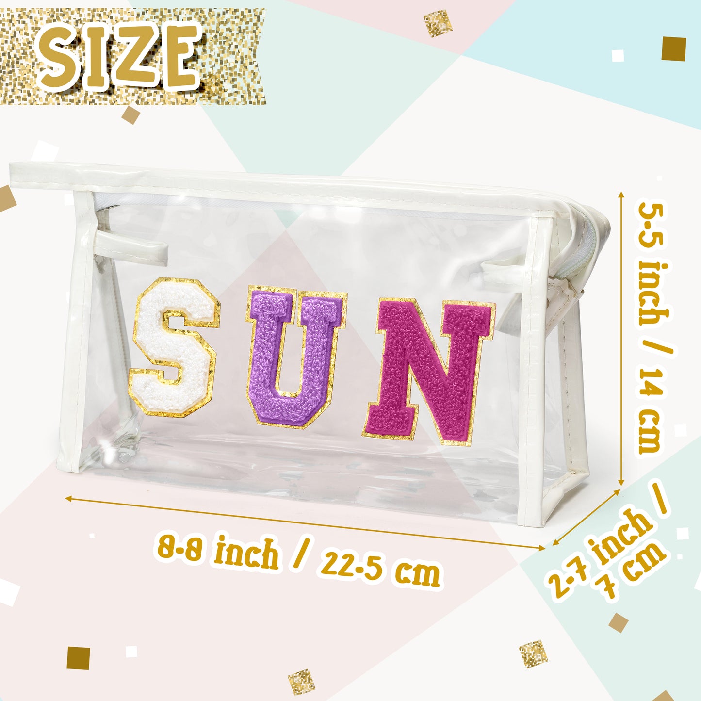 Y1tvei Clear SUN Makeup Bag - Preppy Purple SUN Chenille Varsity Letter Cosmetic Bag PVC Transparent Zipper Waterproof Beach Makeup Carry On Pouch Portable Travel Toiletry Organizer for Women(White)