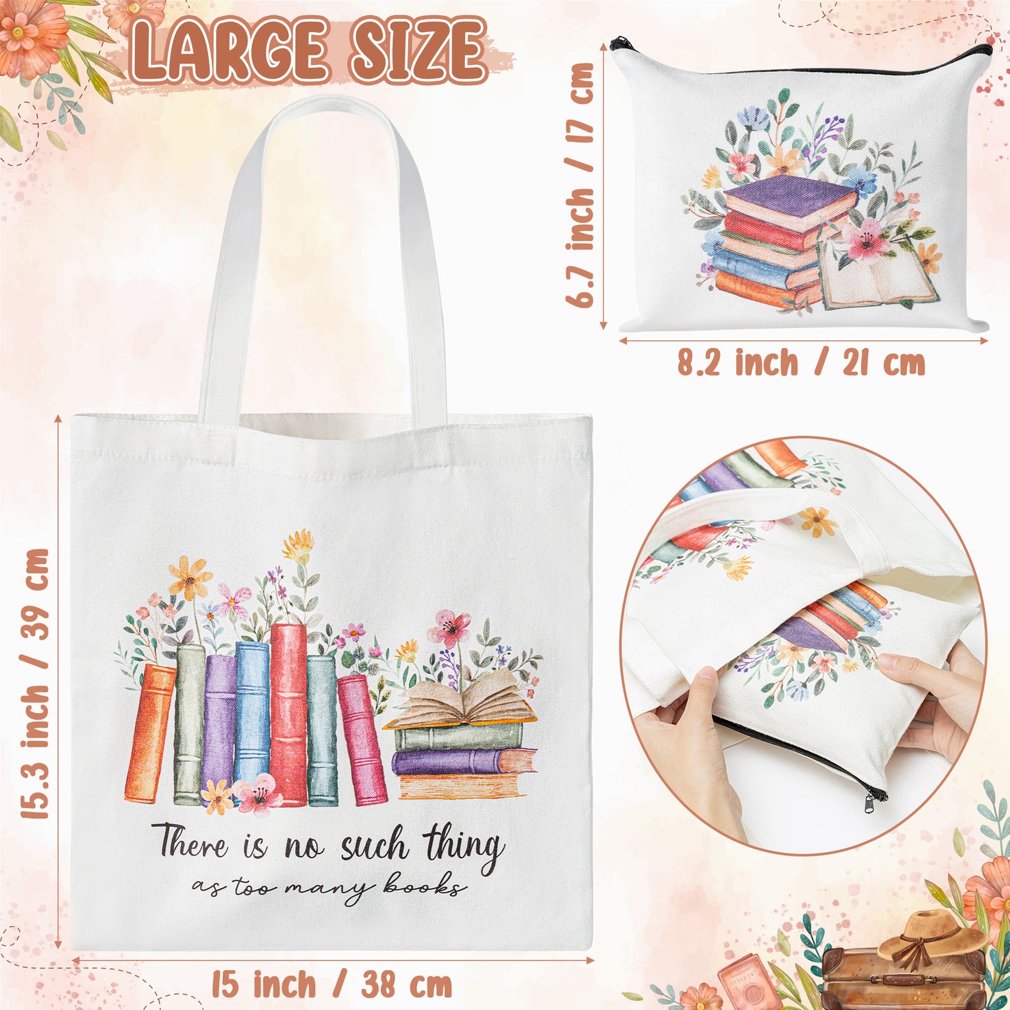 Y1tvei Teacher Book Tote Bag - 2Pcs Book Reading Themed Canvas Cosmetic Bag Set There Is No Such Thing As Too Many Books Tote Bag Makeup Hand Bag Teacher Appreciation Gift for Readers Book Lover Women