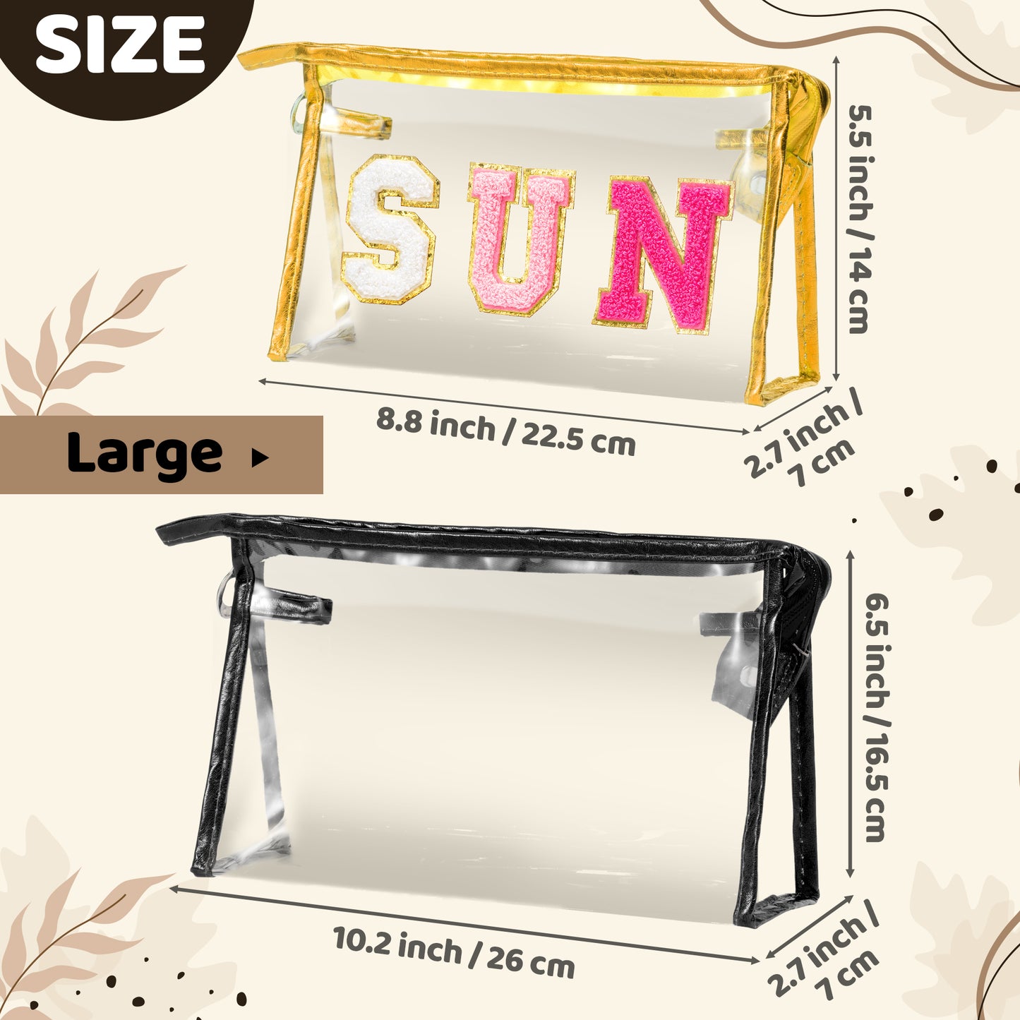 Y1tvei Clear SUN Makeup Bag - 2Pcs Preppy Rose Red SUN Chenille Varsity Letter Cosmetic Bag Black Large PVC Transparent Toiletry Organizer Zipper Waterproof Beach Travel Makeup Pouch for Women(Gold)