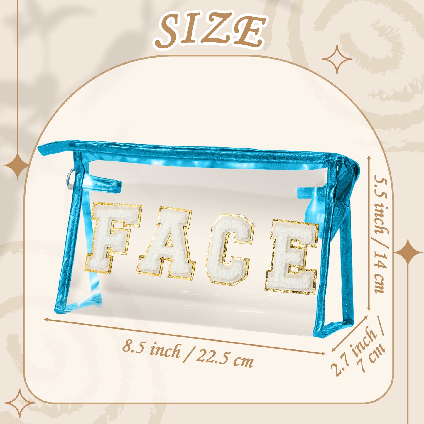 Y1tvei Clear FACE Makeup Bag - Preppy White FACE Chenille Varsity Letter Cosmetic Bag PVC Transparent Zipper Waterproof Beach Swim Makeup Pouch Portable Travel Toiletry Organizer for Women(Blue)