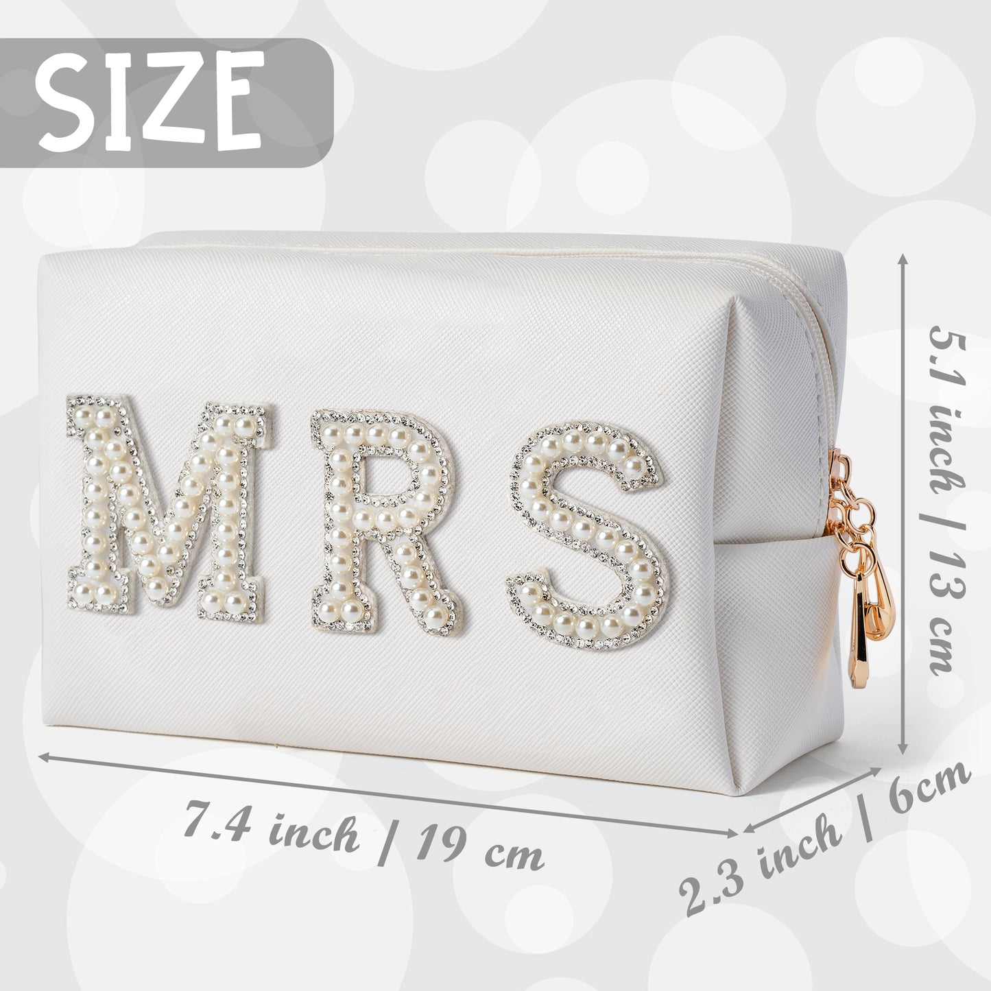 Y1tvei Bride MRS Patch Varsity Letter Cosmetic Toiletry Big Bag Pearl Rhinestone Letter Patches Large White Makeup PU Bag Waterproof Portable Zipper Purse Travel Organizer for Wedding Bride Bridesmaid