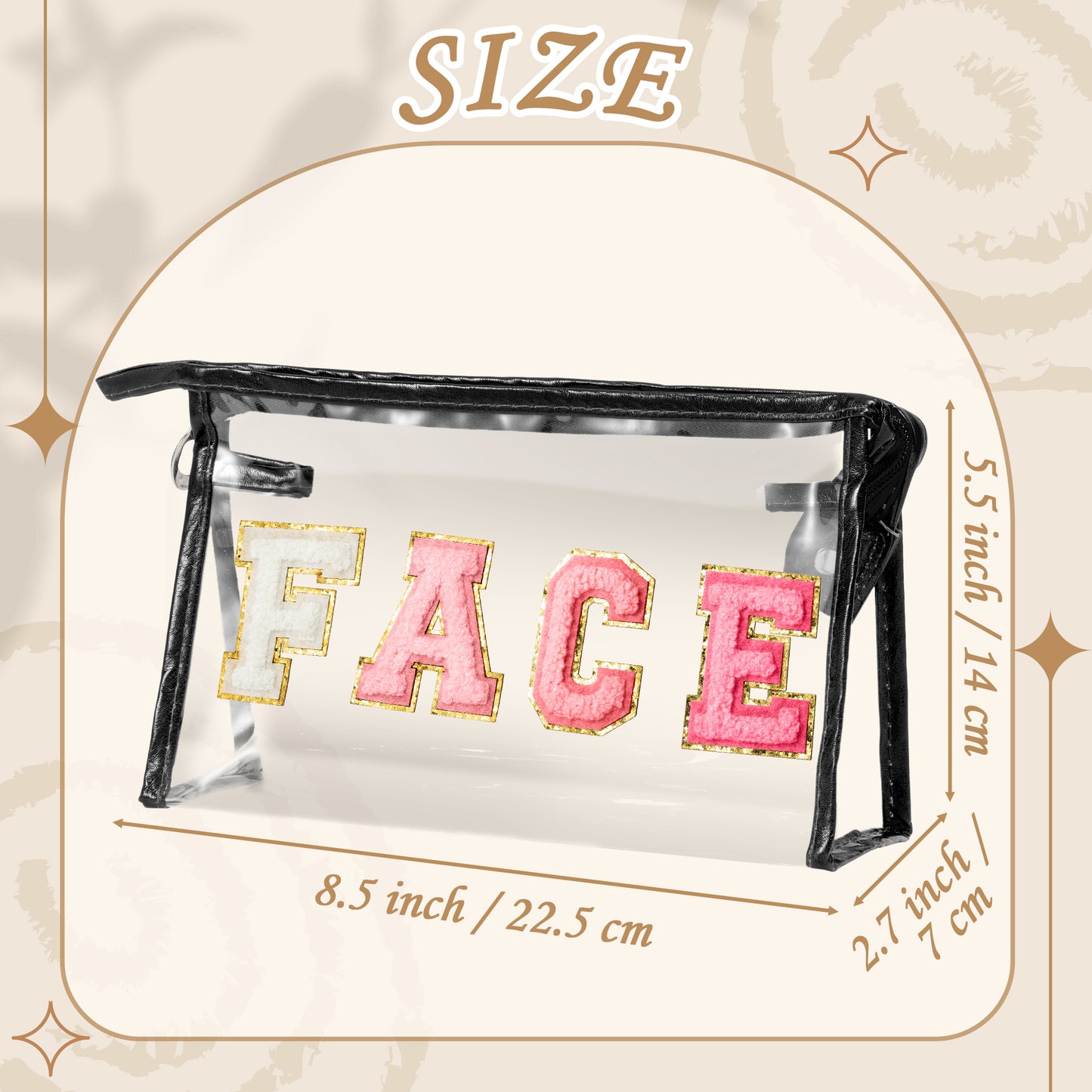 Y1tvei Clear FACE Makeup Bag - Preppy Rose Red FACE Chenille Varsity Letter Cosmetic Bag PVC Transparent Zipper Waterproof Beach Makeup Carry Pouch Portable Travel Toiletry Organizer for Women(Black)