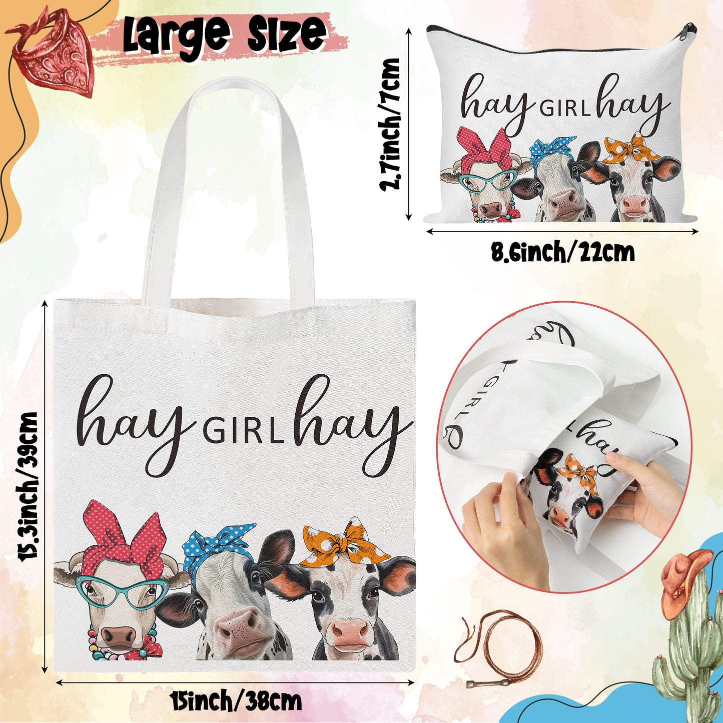 Y1tvei Western Cow Tote Bag - 2Pcs Western Makeup Bag Set, Aesthetic Cute Cow Hay Girl Hay Canvas Tote Bag, Foldable Reusable Grocery Shopping Beach Shoulder Hand Bag, Cowgirl Gift for Women Teens