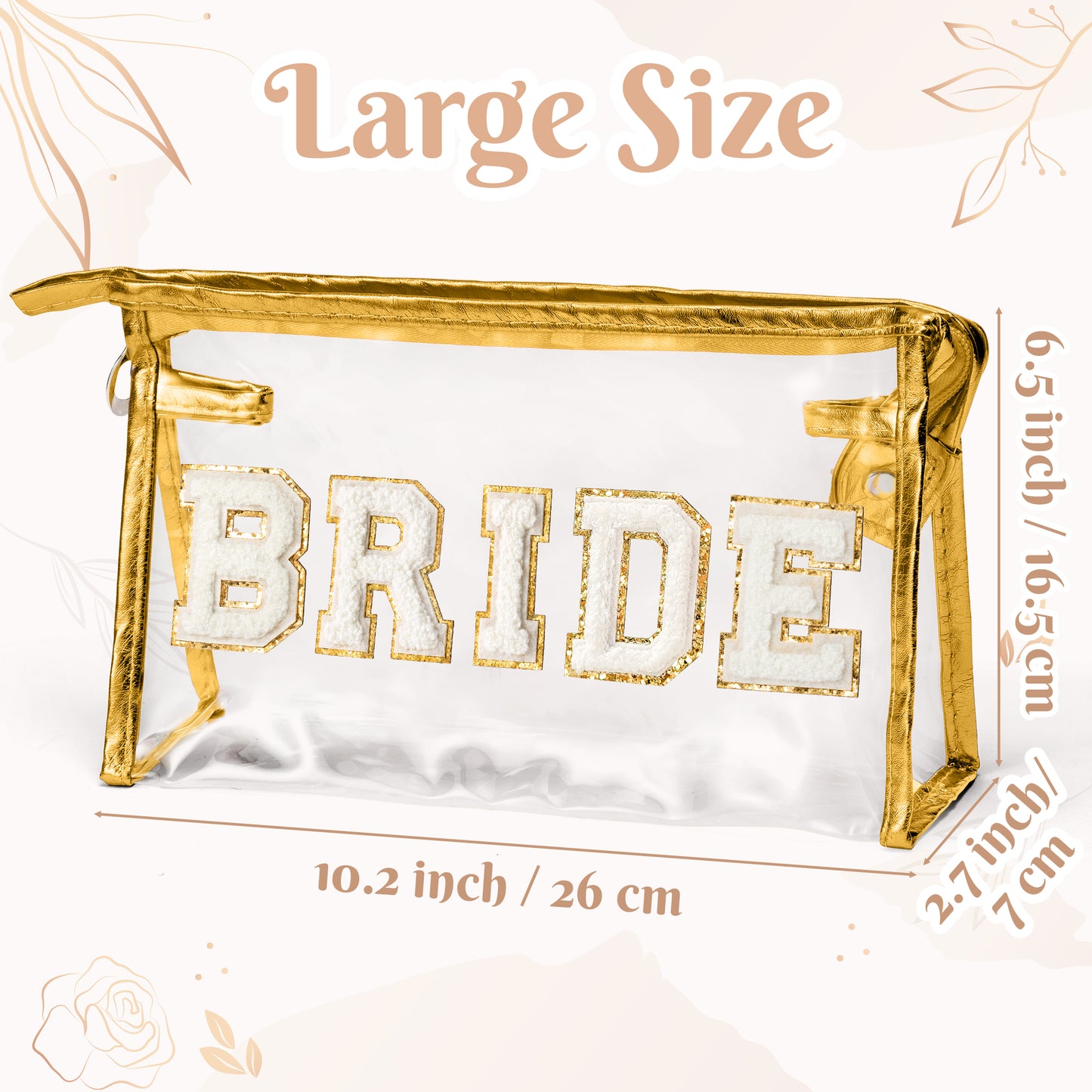 Y1tvei Bride Clear Makeup Bag - Preppy White Bride Chenille Letter Cosmetic Bag Zipper Waterproof Beach Travel Toiletry Bride to Be Makeup Pouch Proposal Gifts for Bride Bridesmaid Wedding Day(Gold)