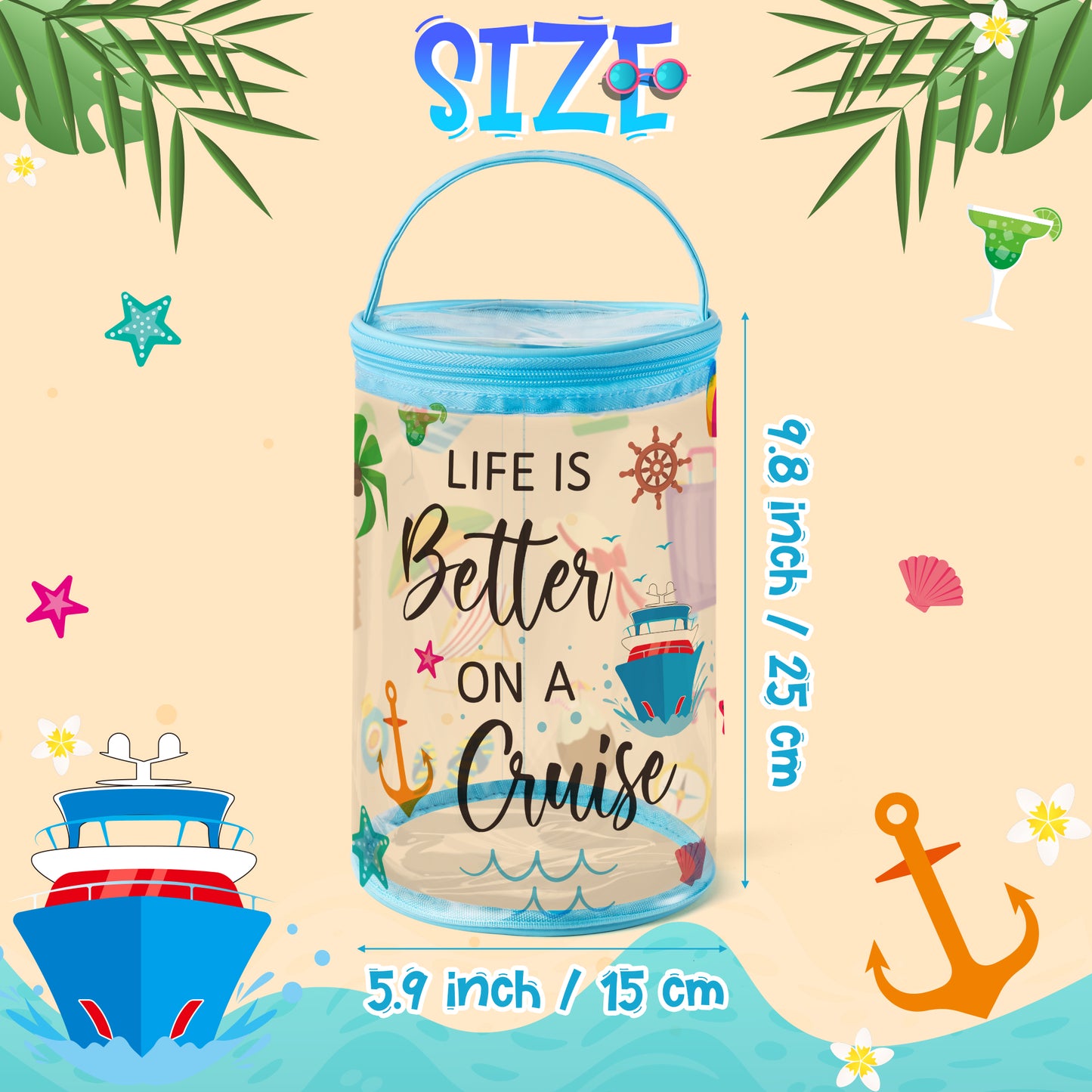 Y1tvei Cruise Lotion Toiletry Bag - Cruise Survival Kit Ship Essential Clear Cylinder Makeup Bag with Handle Transparent PVC Plastic Waterproof Barrel Zipper Cosmetic Beach Bag for Women Vacation