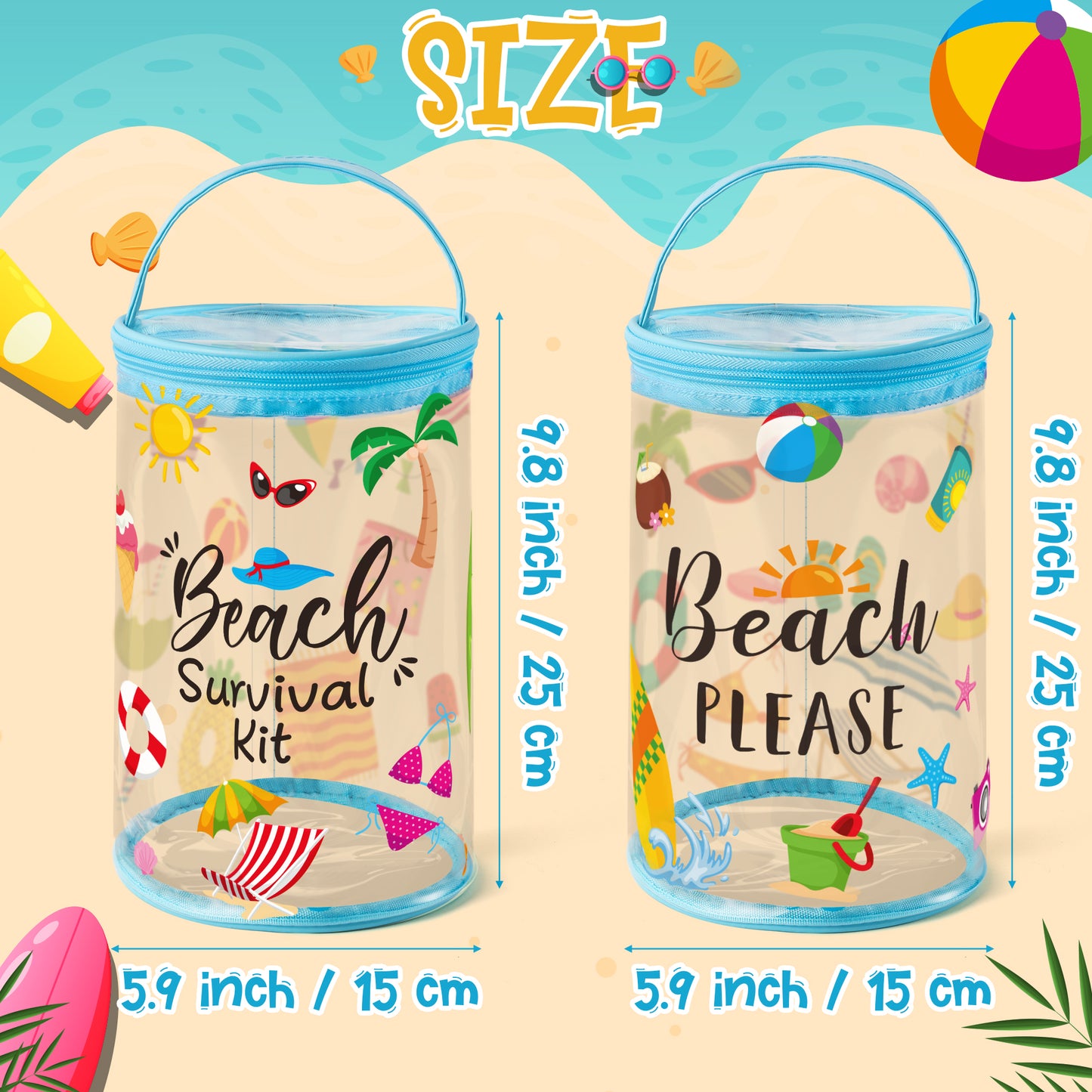 Y1tvei Beach Lotion Toiletry Bag - 2Pcs Beach Please Beach Survival Kit Cylinder Travel Makeup Bag with Handle Sunscreen Holder Pouch Clear PVC Plastic Waterproof Barrel Zipper Cosmetic Bag for Women