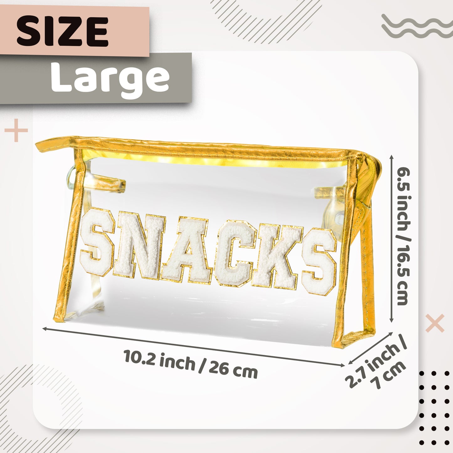 Y1tvei Large Clear SNACKS Pouch - Preppy Patch White Chenille Varsity Letter PVC Transparent Extra Large Cosmetic Makeup Bag Portable Waterproof Beach Travel Organizer Toiletry Bag for Women(Gold)