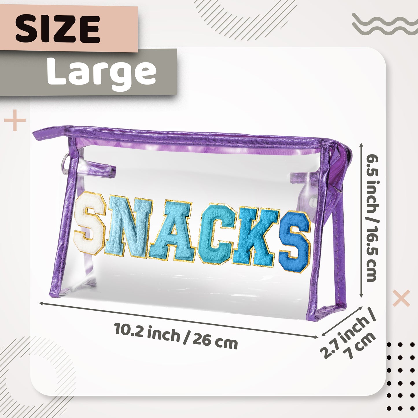 Y1tvei SNACKS Clear Makeup Bag - Preppy Patch Blue Chenille Varsity Letter Transparent PVC Large Cosmetic Pouch Portable Waterproof Beach Travel Organizer Toiletry Compliant Bag for Women Girl(Purple)