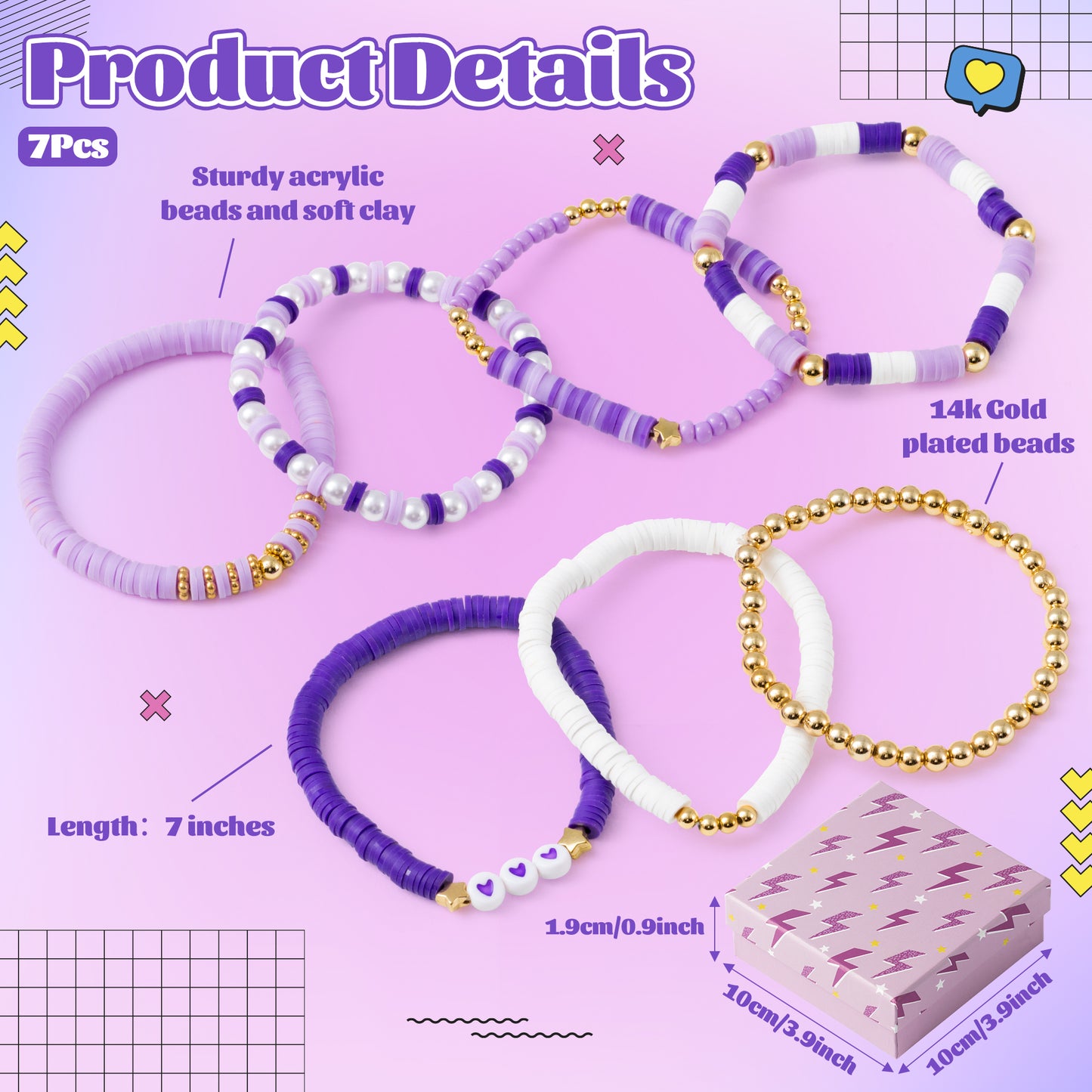 Y1tvei Purple Heishi Bead Bracelets - 7Pcs Purple Clay Bead Surfer Bracelet Set Stackable Gold Plated Bead Stretch Bracelet Boho Layering Summer Beach Jewelry Friendship Bracelet for Women Teen Girls