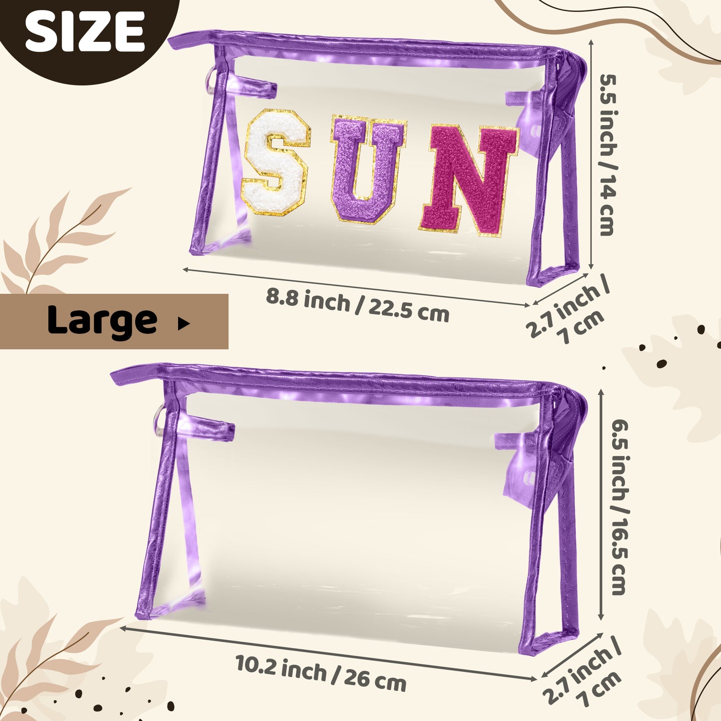 Y1tvei Clear SUN Makeup Bag - 2Pcs Preppy Purple SUN Chenille Varsity Letter Cosmetic Bag Purple Large PVC Transparent Toiletry Organizer Zipper Waterproof Beach Travel Makeup Pouch for Women(Purple)